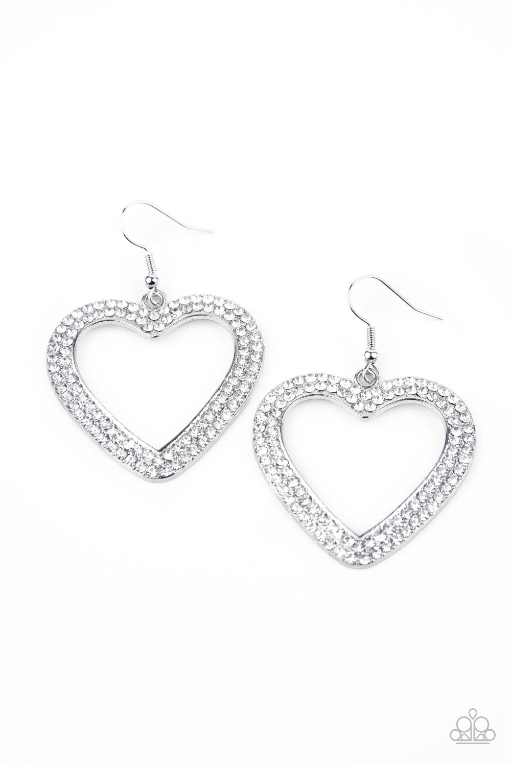 GLISTEN To Your Heart Silver and White Rhinestone Heart Earrings - Paparazzi Accessories- on model - CarasShop.com - Paparazzi Jewelry by Cara Jewels