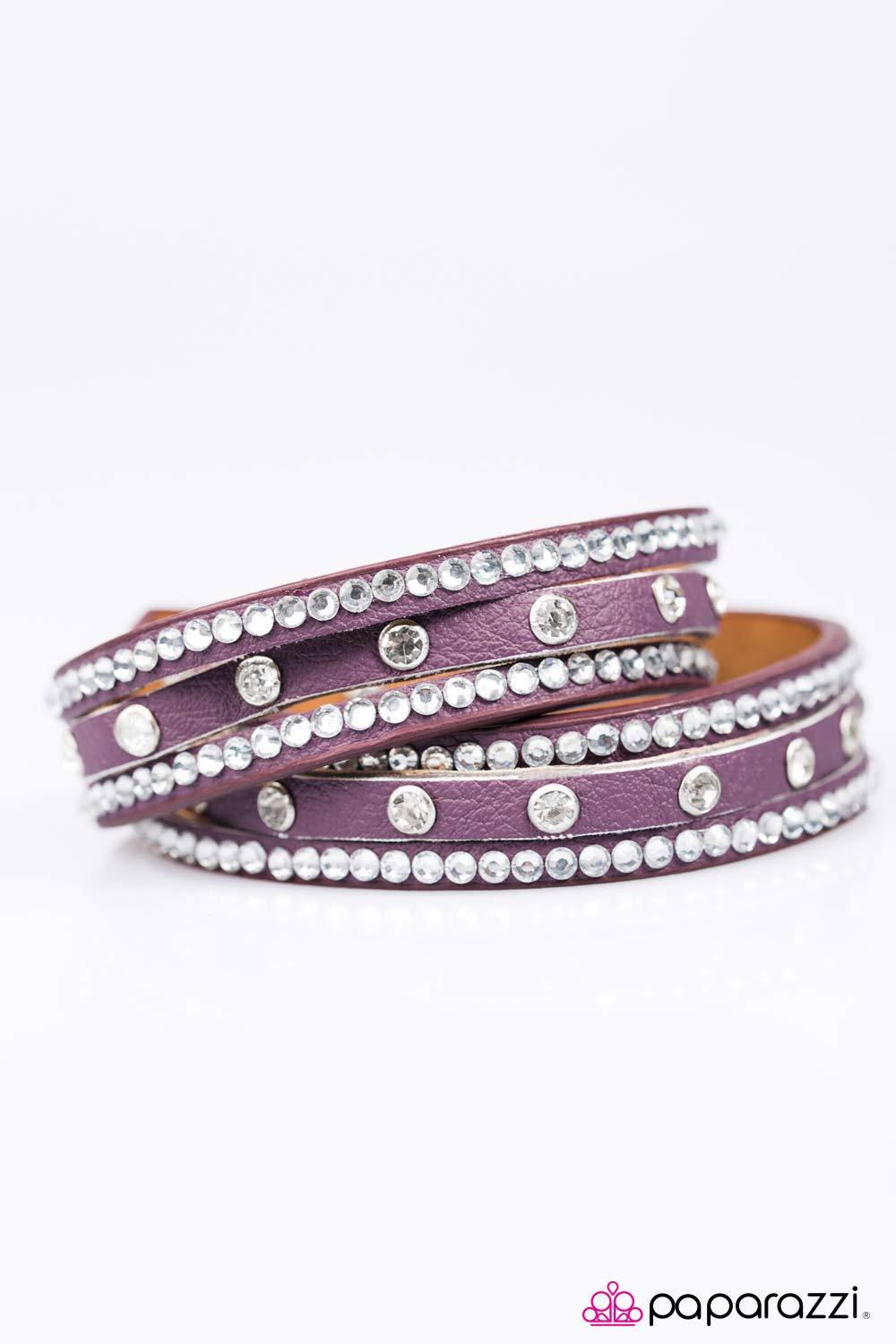 Glitter Band Purple and White Rhinestone Double-wrap Snap Bracelet - Paparazzi Accessories- on model - CarasShop.com - Paparazzi Jewelry by Cara Jewels