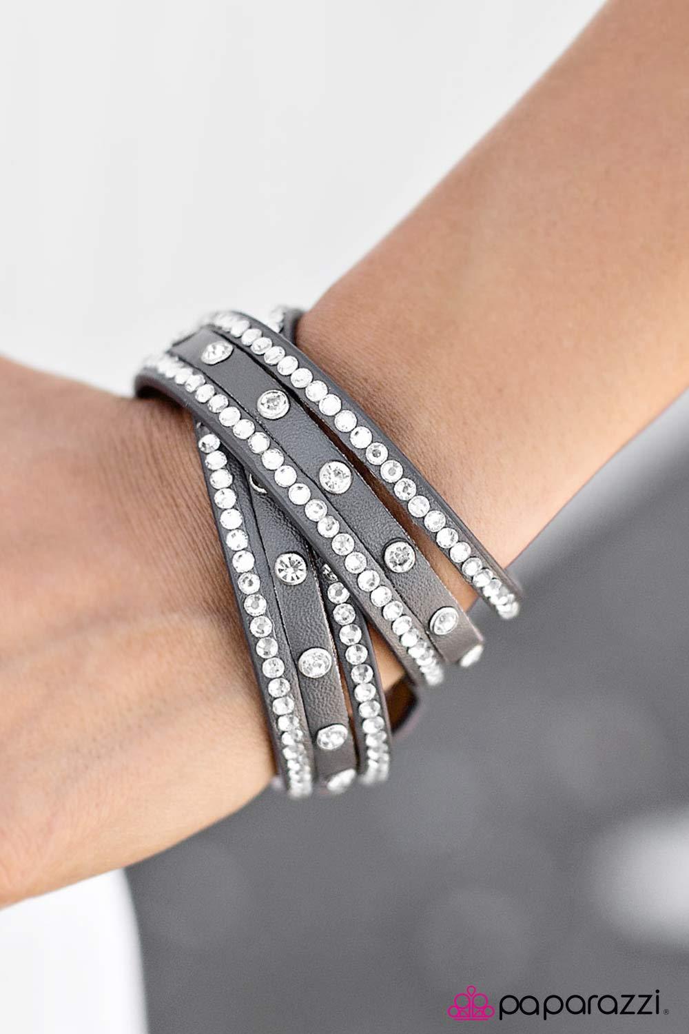 Glitter Band Silver and White Rhinestone Double-wrap Snap Bracelet - Paparazzi Accessories- lightbox - CarasShop.com - Paparazzi Jewelry by Cara Jewels
