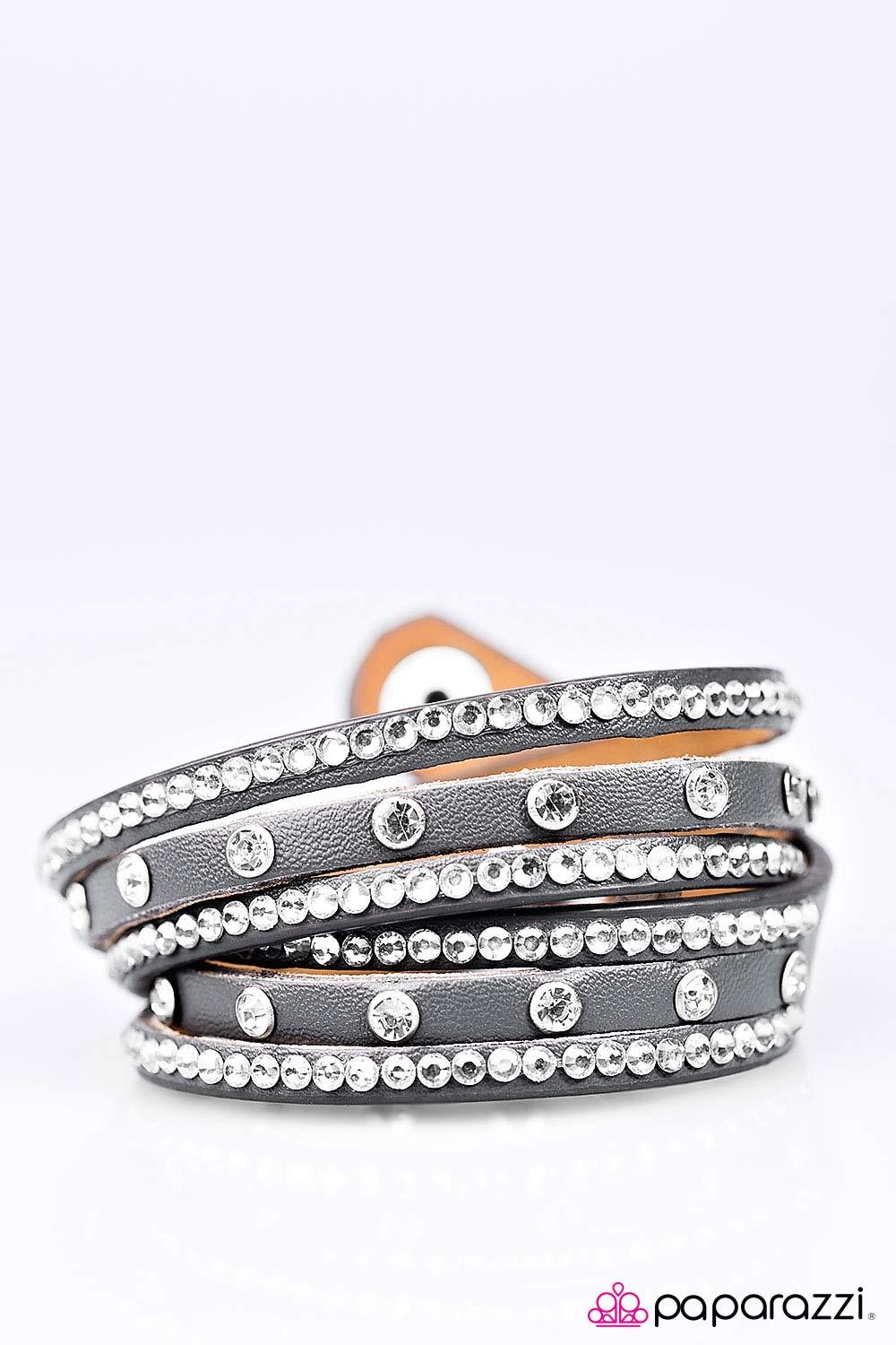 Glitter Band Silver and White Rhinestone Double-wrap Snap Bracelet - Paparazzi Accessories- on model - CarasShop.com - Paparazzi Jewelry by Cara Jewels