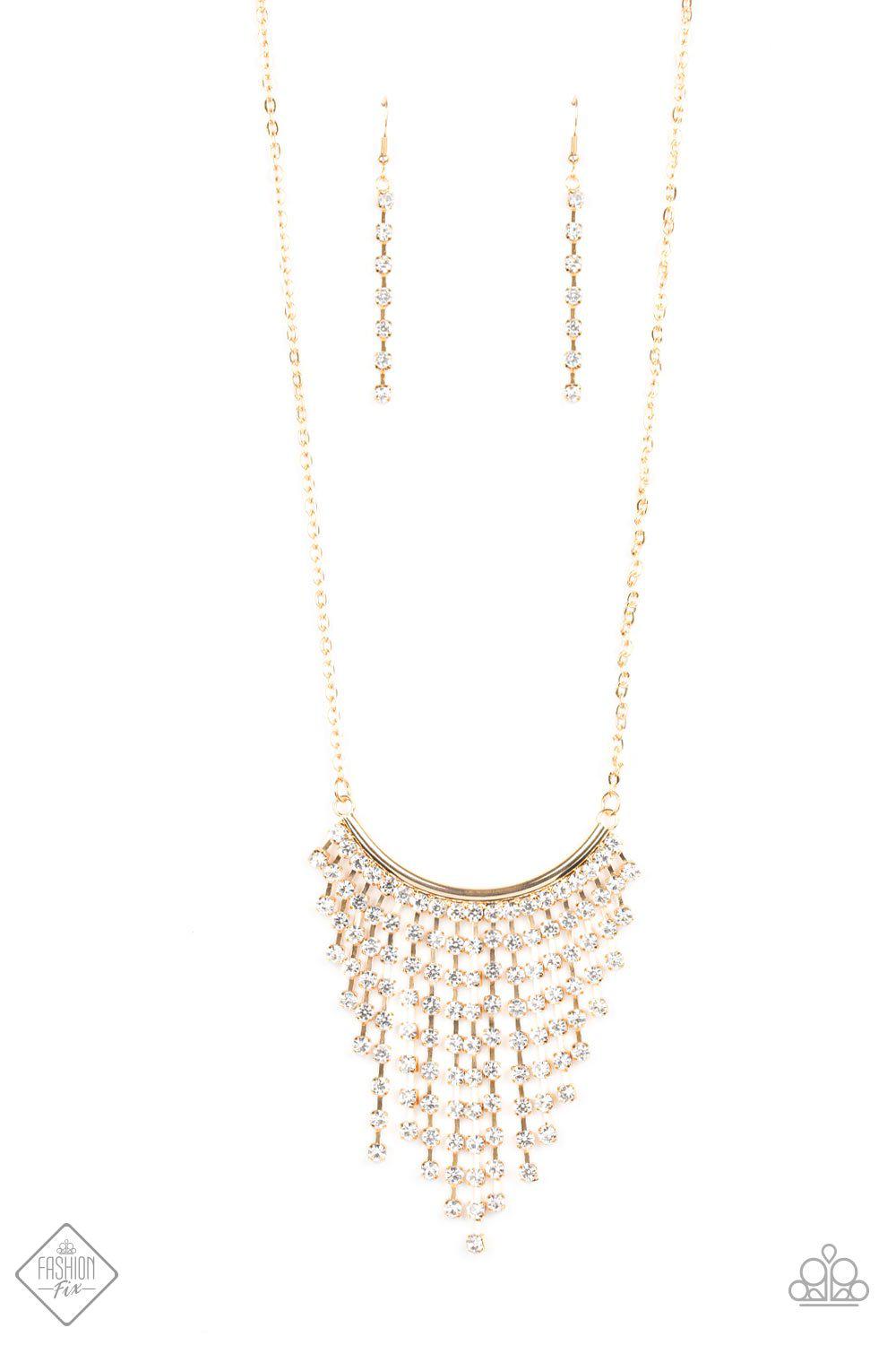 Glitter Bomb Gold and White Rhinestone Fringe Necklace - Paparazzi Accessories - free matching earrings -CarasShop.com - Paparazzi Jewelry by Cara Jewels