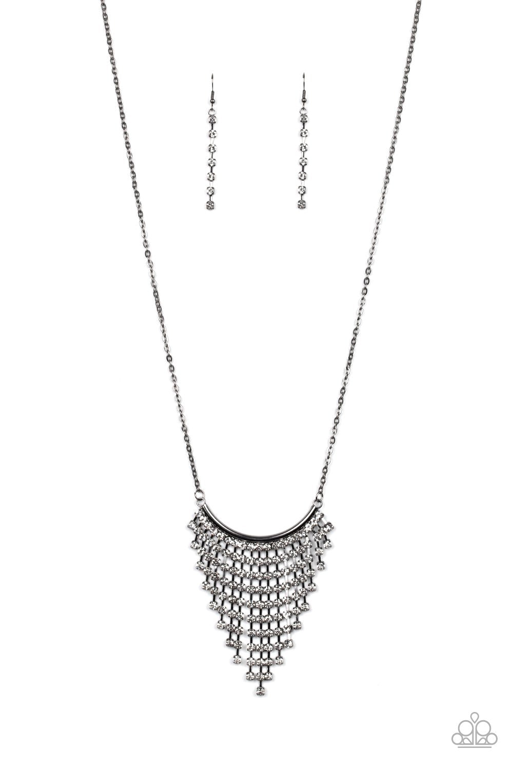 Glitter Bomb Gunmetal Black and White Rhinestone Fringe Necklace - Paparazzi Accessories - free matching earrings -CarasShop.com - Paparazzi Jewelry by Cara Jewels