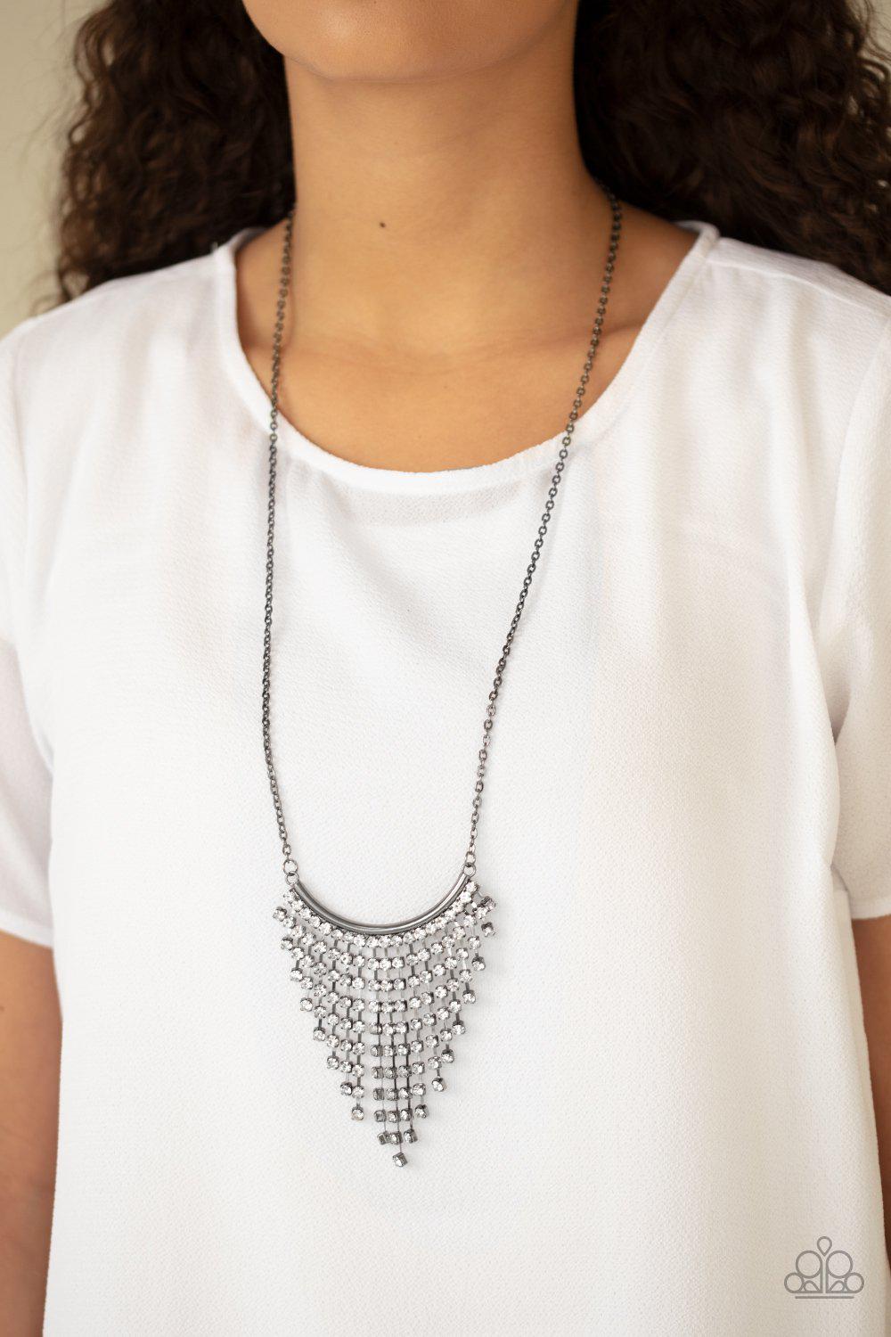 Glitter Bomb Gunmetal Black and White Rhinestone Fringe Necklace - Paparazzi Accessories- lightbox - CarasShop.com - Paparazzi Jewelry by Cara Jewels