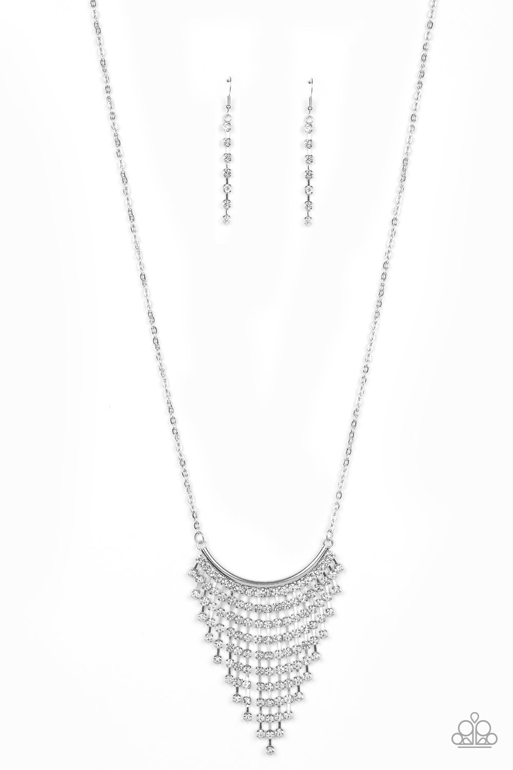 Glitter Bomb White Rhinestone Fringe Necklace - Paparazzi Accessories- lightbox - CarasShop.com - Paparazzi Jewelry by Cara Jewels
