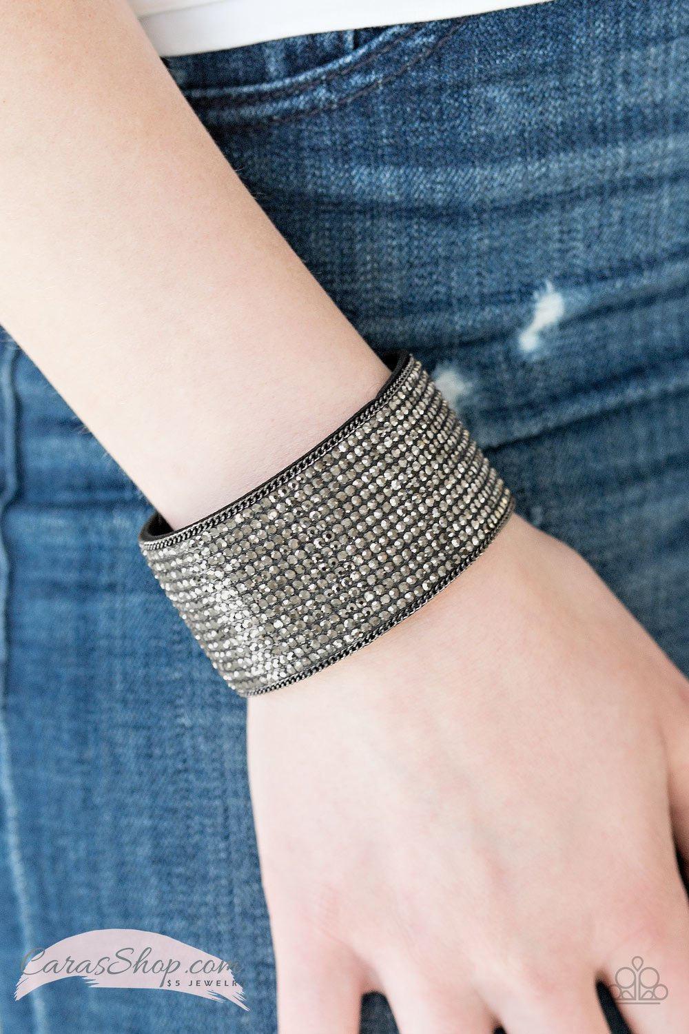 Glitter Gossip Black Hematite Wrap Snap Bracelet - Paparazzi Accessories- on model - CarasShop.com - Paparazzi Jewelry by Cara Jewels