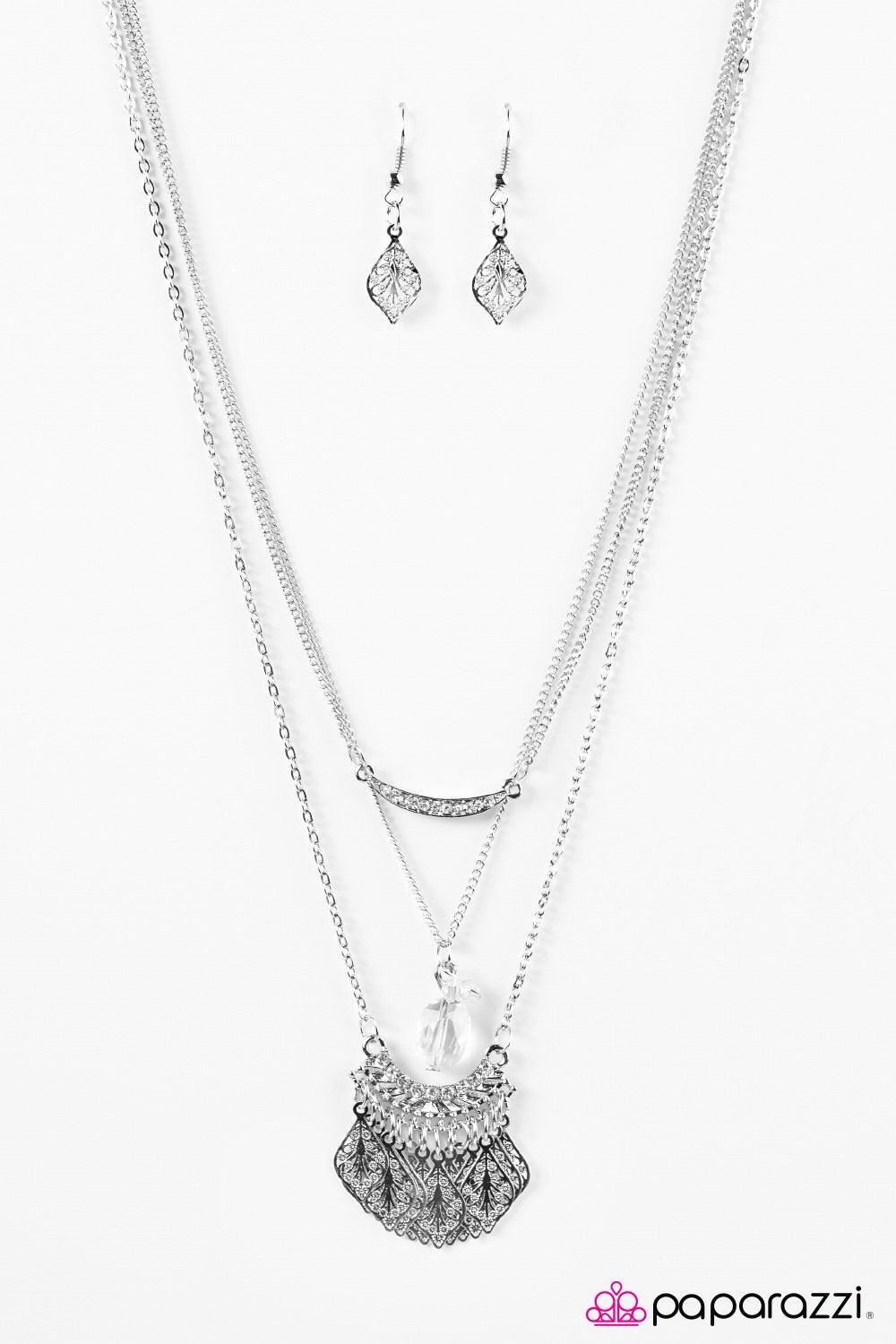 Glitter Guru Tiered Silver and White Necklace - Paparazzi Accessories - free matching earrings -CarasShop.com - Paparazzi Jewelry by Cara Jewels