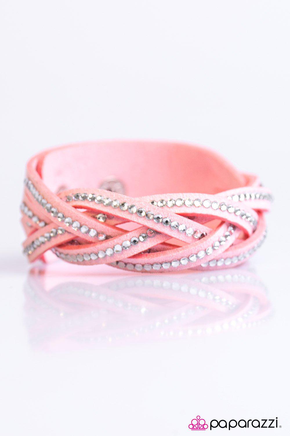 Glitter Patrol Pink Braided Urban Wrap Snap Bracelet - Paparazzi Accessories- on model - CarasShop.com - Paparazzi Jewelry by Cara Jewels