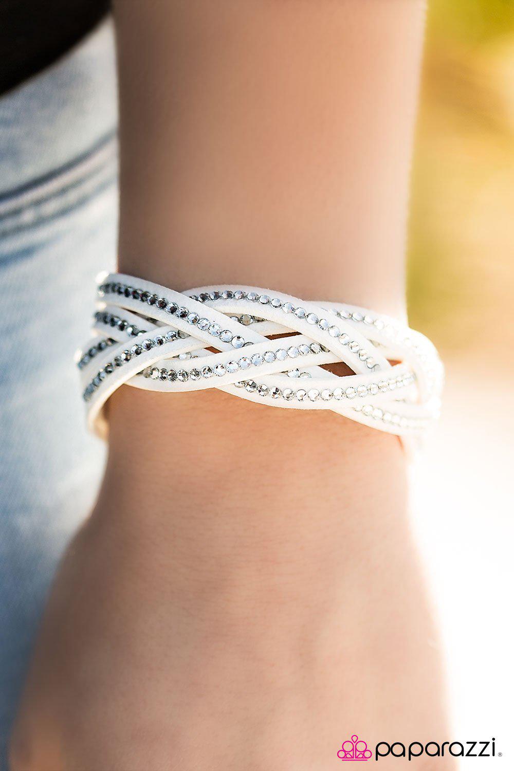 Glitter Patrol White Braided Urban Wrap Snap Bracelet - Paparazzi Accessories- on model - CarasShop.com - Paparazzi Jewelry by Cara Jewels