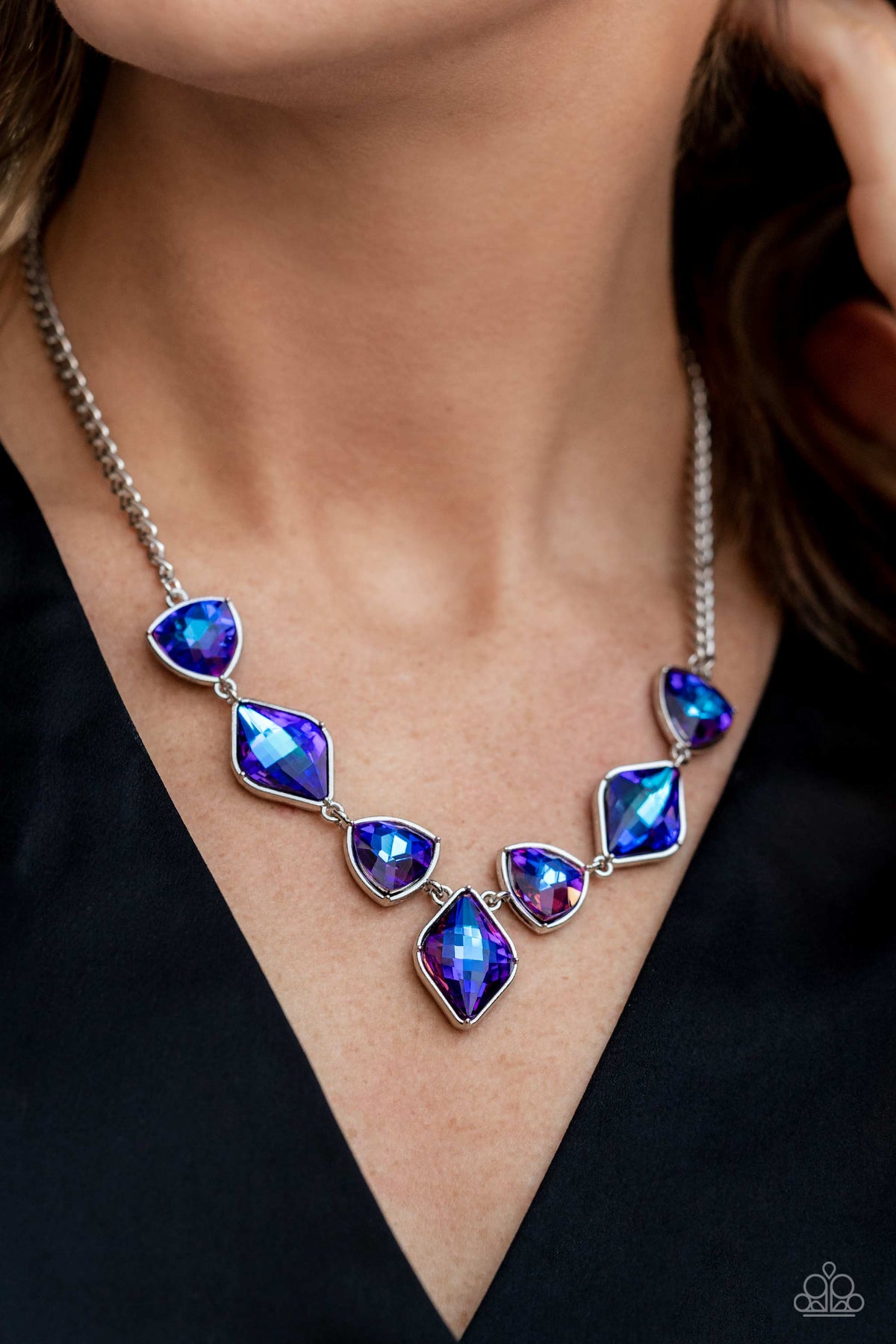 Glittering Geometrics Purple Necklace - Paparazzi Accessories- on model - CarasShop.com - Paparazzi Jewelry by Cara Jewels