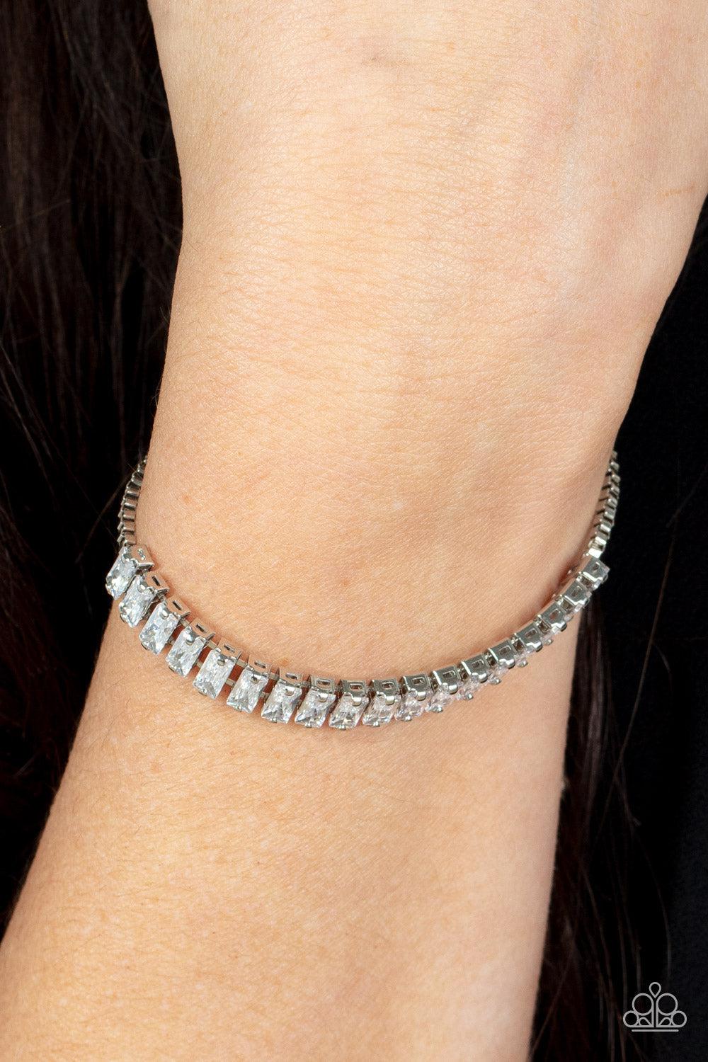 Glitz and Glimmer White Rhinestone Slide Bracelet - Paparazzi Accessories- on model - CarasShop.com - Paparazzi Jewelry by Cara Jewels