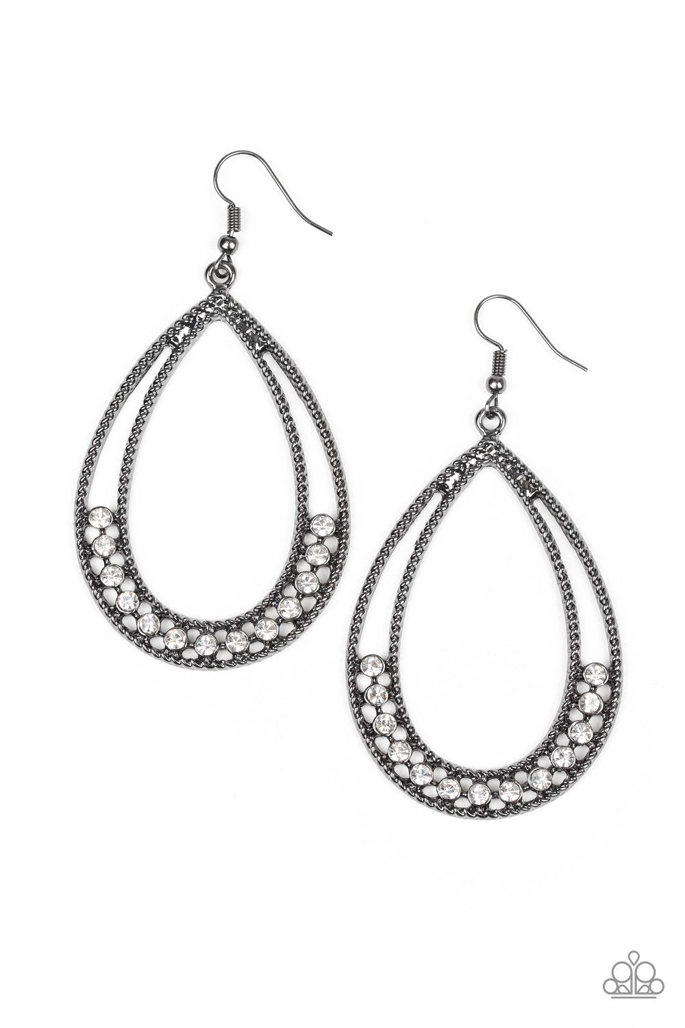 Glitz Fit Black Gunmetal and White Rhinestone Earrings - Paparazzi Accessories- on model - CarasShop.com - Paparazzi Jewelry by Cara Jewels