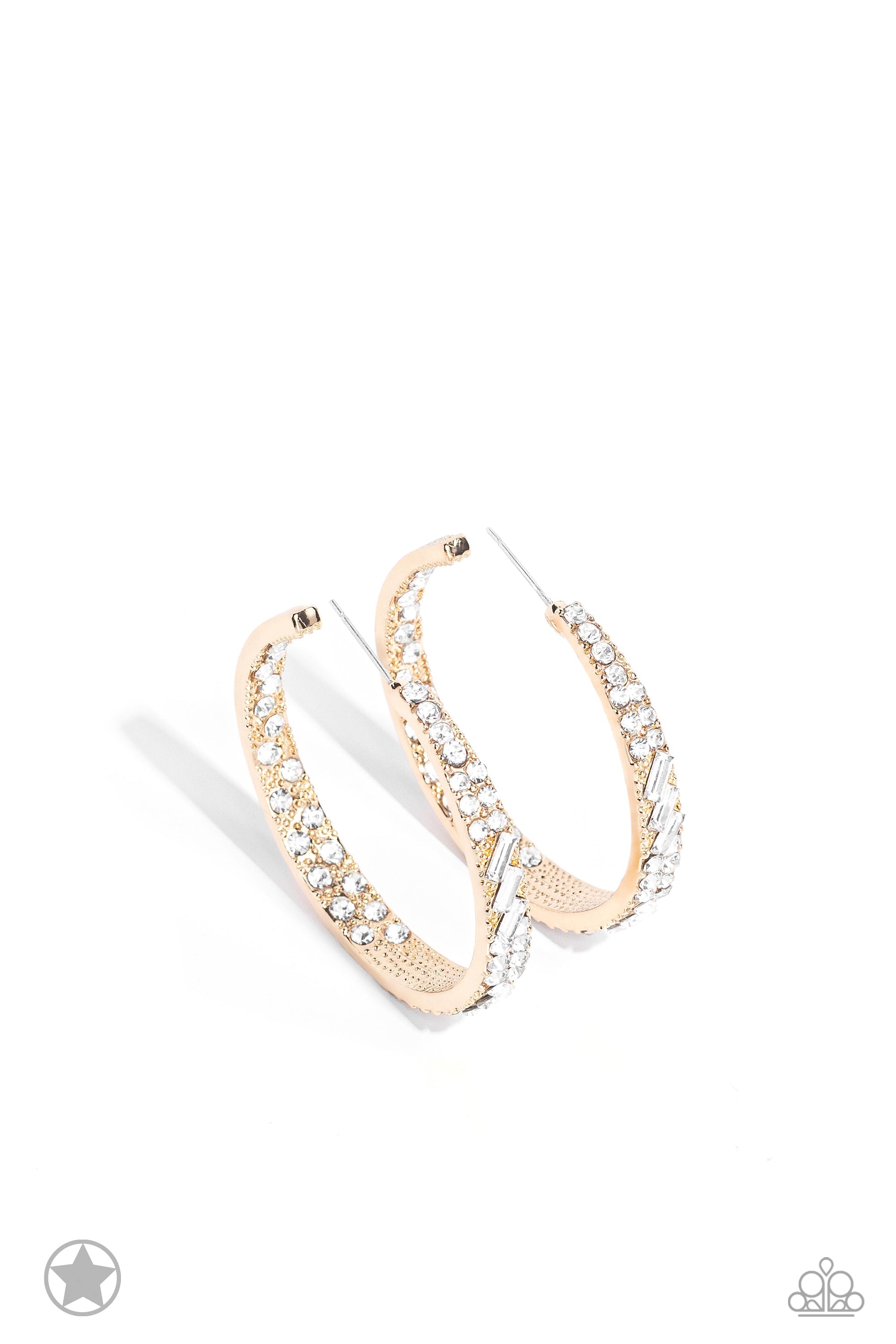 GLITZY By Association Gold & White Rhinestone Hoop Earrings - Paparazzi Accessories- lightbox - CarasShop.com - Paparazzi Jewelry by Cara Jewels