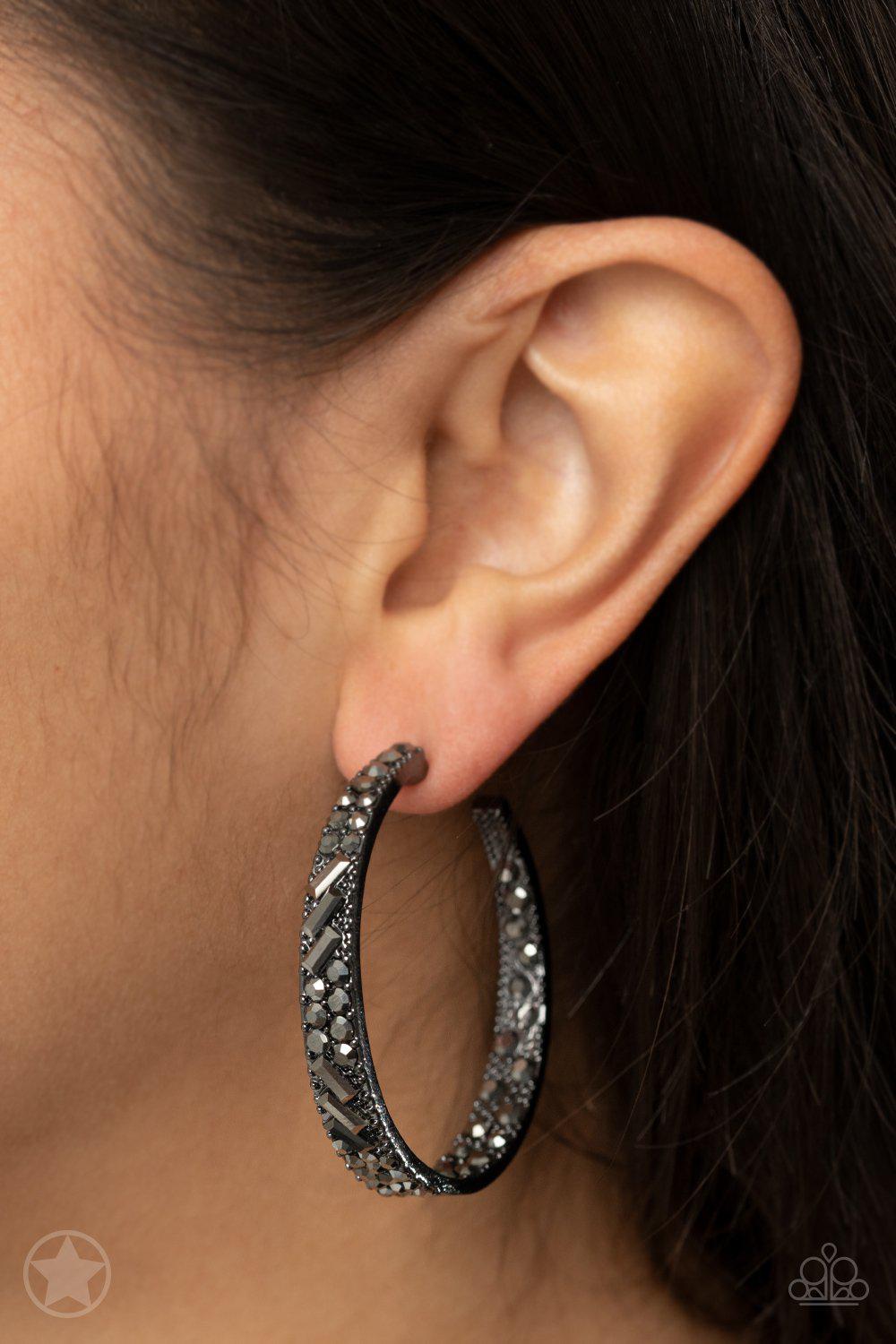 Glitzy By Association Gunmetal Black and Hematite Hoop Earrings - Paparazzi Accessories- lightbox - CarasShop.com - Paparazzi Jewelry by Cara Jewels