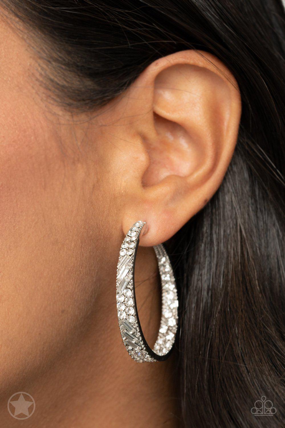 Glitzy by Association White Rhinestone Hoop Earrings - Paparazzi Accessories- on model - CarasShop.com - Paparazzi Jewelry by Cara Jewels
