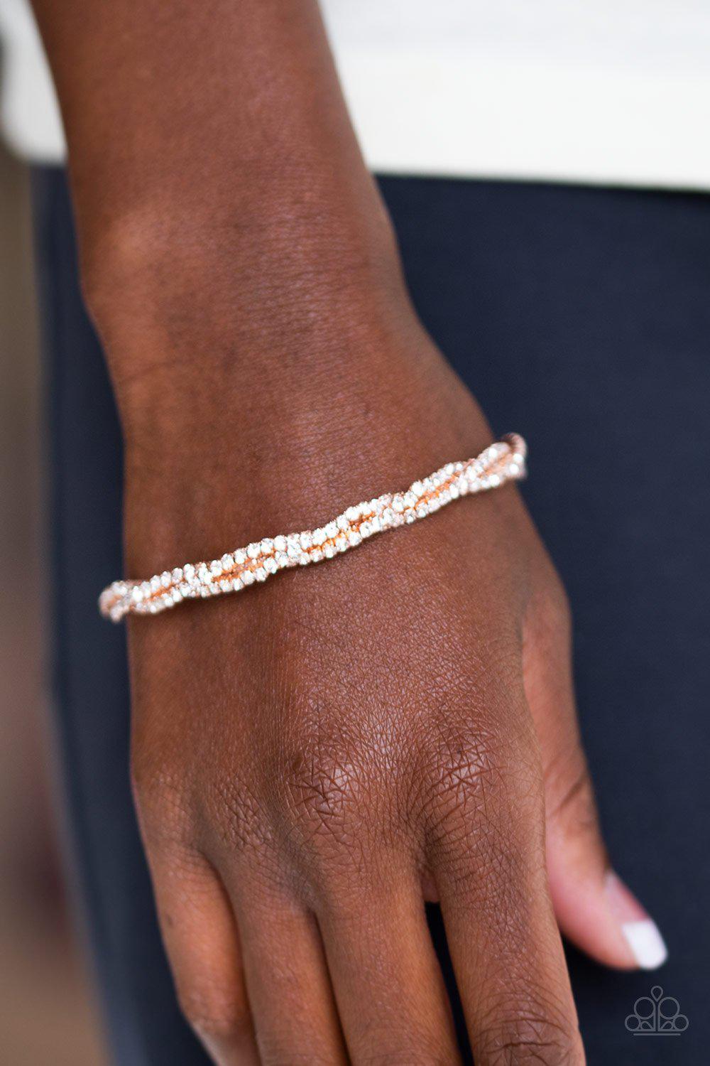 Glitzy Gleam Rose Gold and Rhinestone Bracelet - Paparazzi Accessories- lightbox - CarasShop.com - Paparazzi Jewelry by Cara Jewels