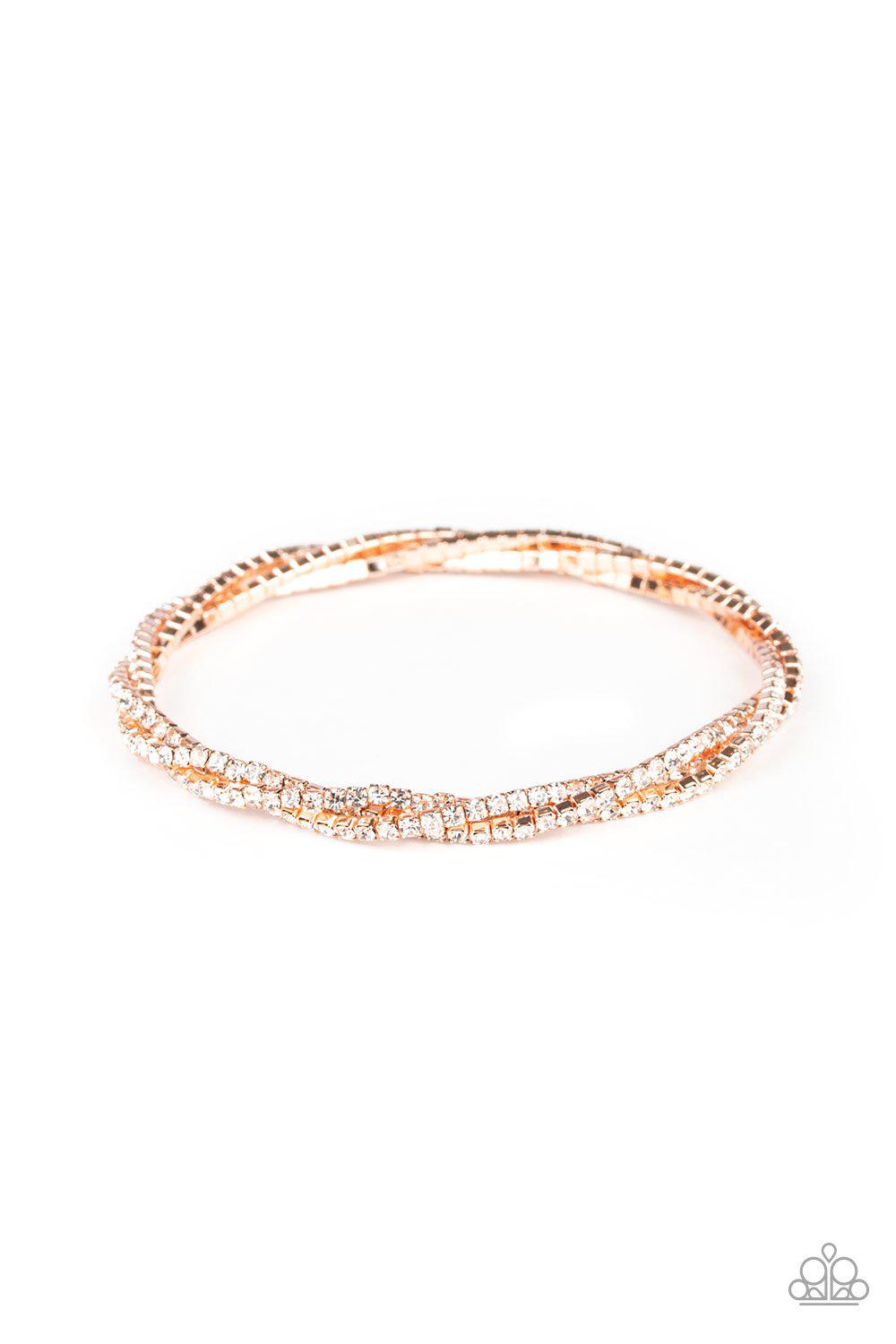 Glitzy Gleam Rose Gold and Rhinestone Bracelet - Paparazzi Accessories- on model - CarasShop.com - Paparazzi Jewelry by Cara Jewels