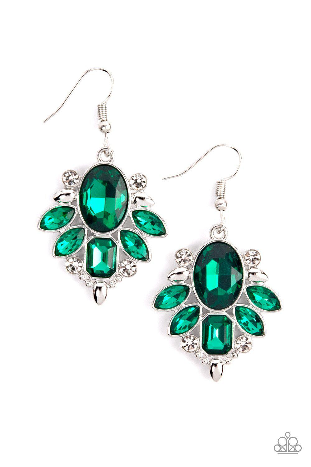 Glitzy Go-Getter Green and White Rhinestone Earrings - Paparazzi Accessories- lightbox - CarasShop.com - Paparazzi Jewelry by Cara Jewels