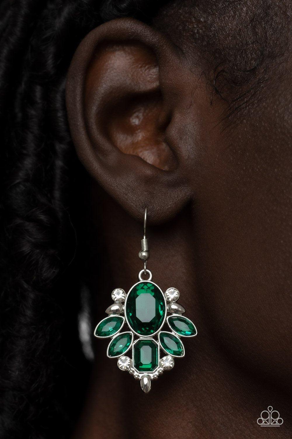 Glitzy Go-Getter Green and White Rhinestone Earrings - Paparazzi Accessories- on model - CarasShop.com - Paparazzi Jewelry by Cara Jewels