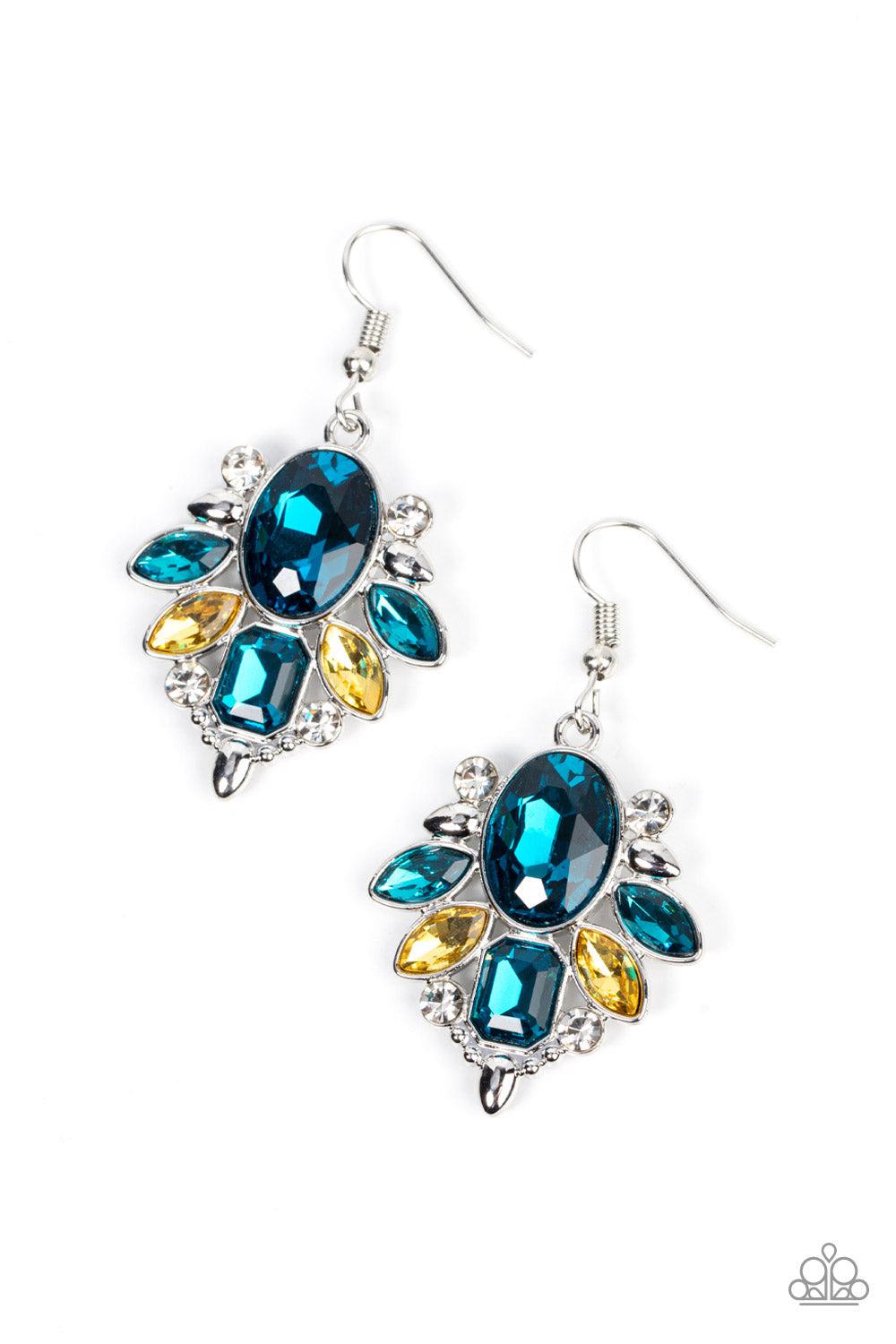 Glitzy Go-Getter Multi Blue & Yellow Rhinestone Earrings - Paparazzi Accessories- lightbox - CarasShop.com - Paparazzi Jewelry by Cara Jewels