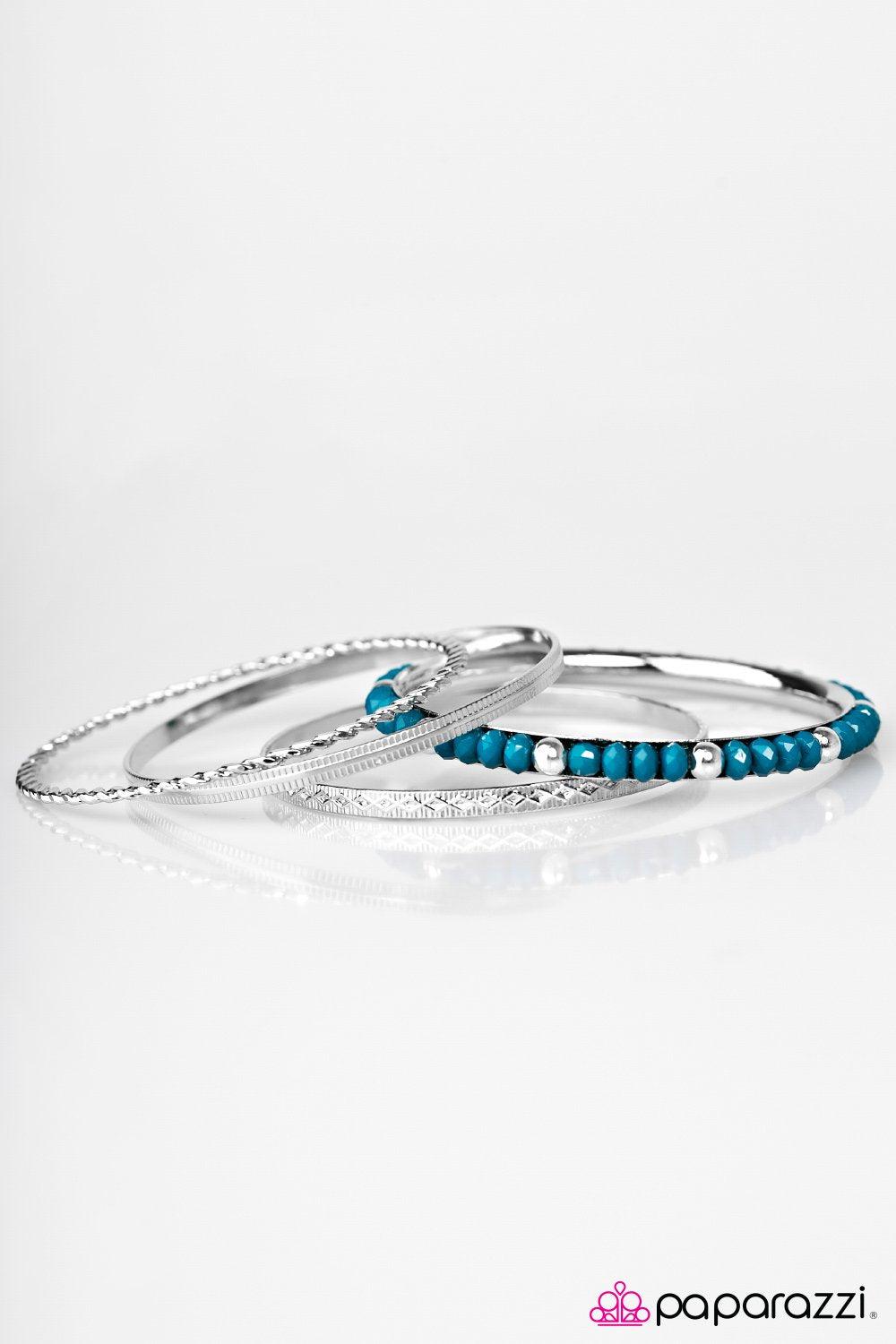 Glitzy Thinking Blue and Silver Bangle Bracelet Set - Paparazzi Accessories- on model - CarasShop.com - Paparazzi Jewelry by Cara Jewels