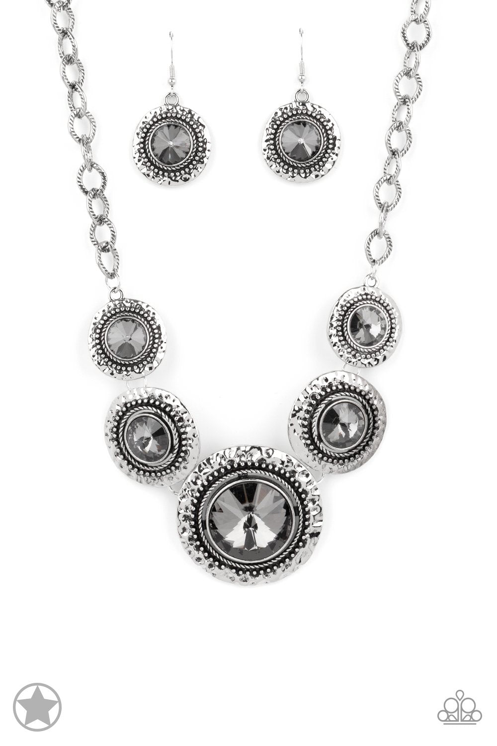 Global Glamour Silver and Smoky Gem Necklace and matching Earrings - Paparazzi Accessories- lightbox - CarasShop.com - Paparazzi Jewelry by Cara Jewels