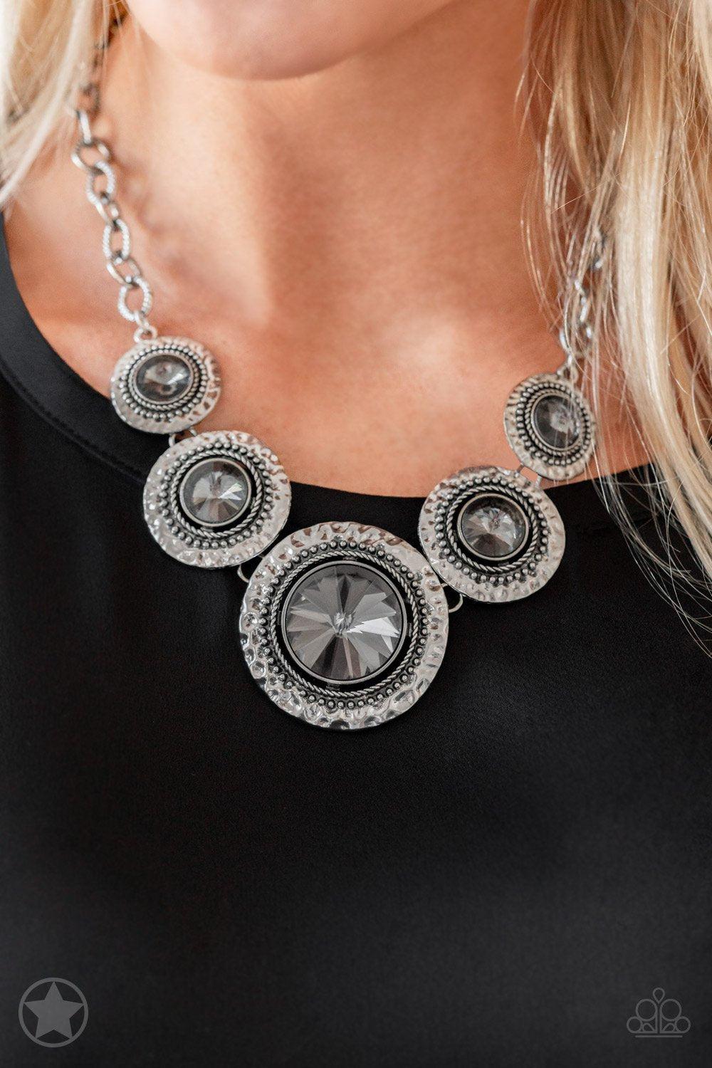 Global Glamour Silver and Smoky Gem Necklace and matching Earrings - Paparazzi Accessories - model -CarasShop.com - Paparazzi Jewelry by Cara Jewels