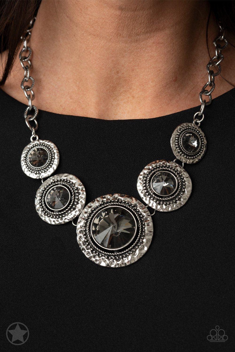 Global Glamour Silver and Smoky Gem Necklace and matching Earrings - Paparazzi Accessories- lightbox - CarasShop.com - Paparazzi Jewelry by Cara Jewels