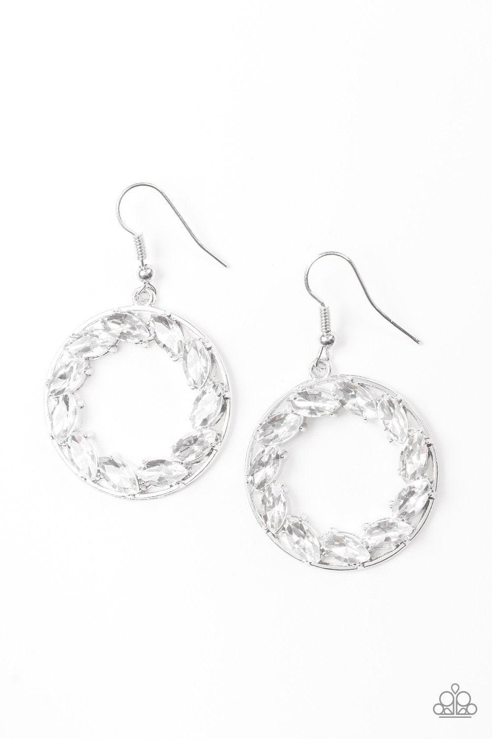 Global Glow White Rhinestone Earrings - Paparazzi Accessories- lightbox - CarasShop.com - Paparazzi Jewelry by Cara Jewels
