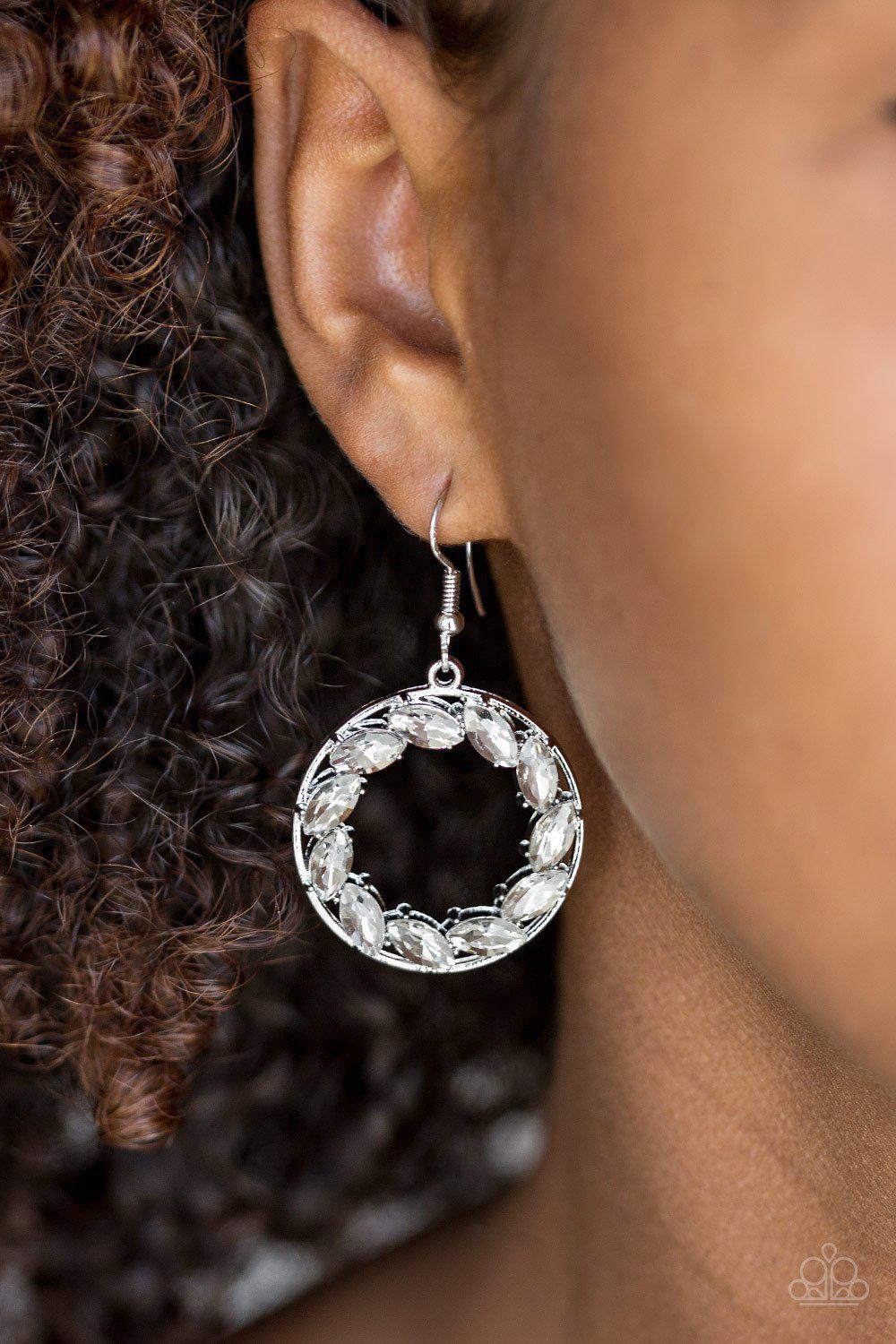 Global Glow White Rhinestone Earrings - Paparazzi Accessories- on model - CarasShop.com - Paparazzi Jewelry by Cara Jewels