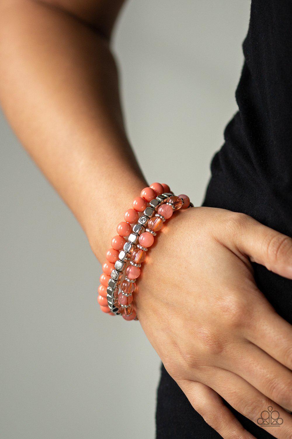 Globetrotter Glam Silver and Coral Bracelet Set - Paparazzi Accessories- lightbox - CarasShop.com - Paparazzi Jewelry by Cara Jewels