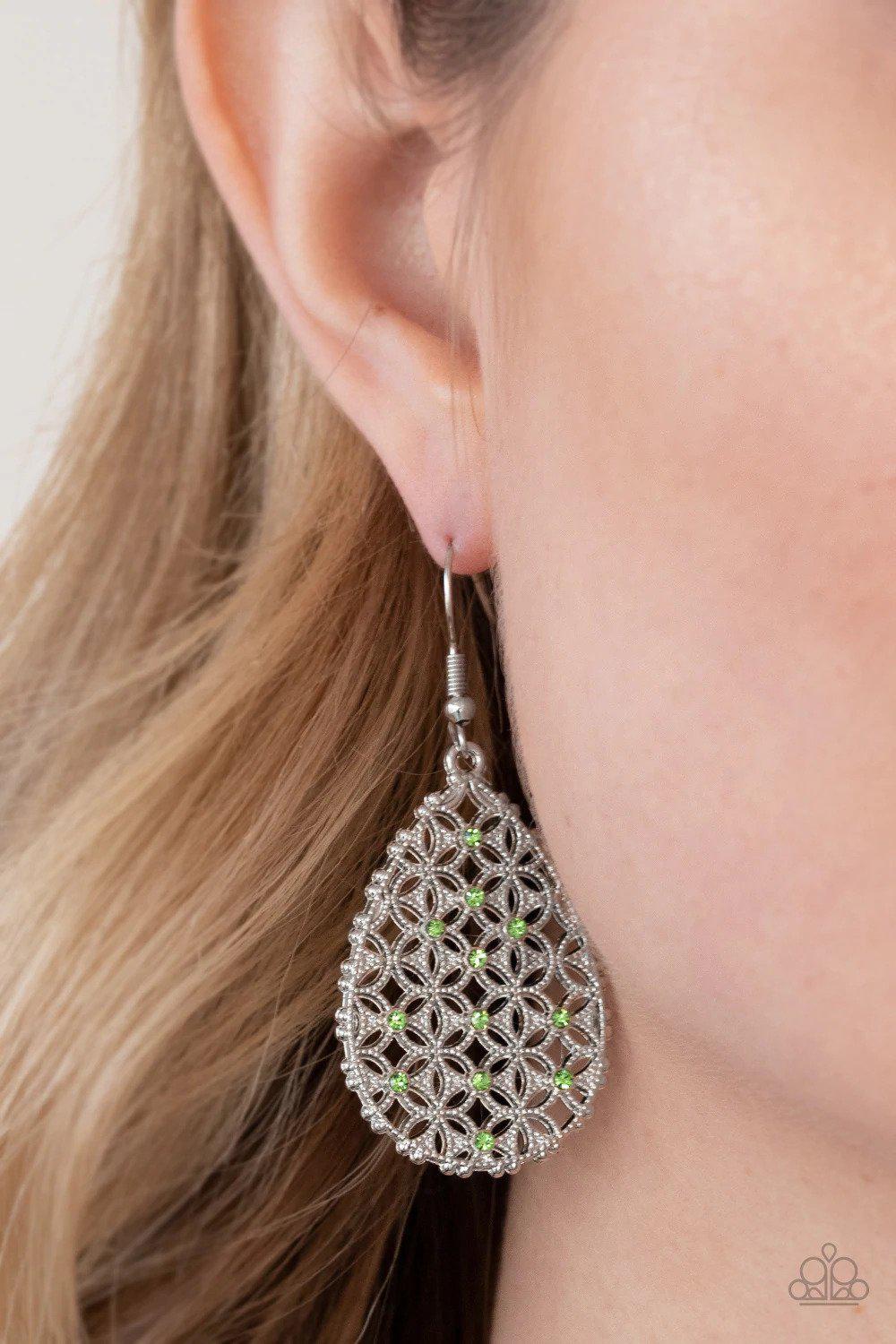 Glorious Gardens Green Earrings - Paparazzi Accessories- on model - CarasShop.com - Paparazzi Jewelry by Cara Jewels