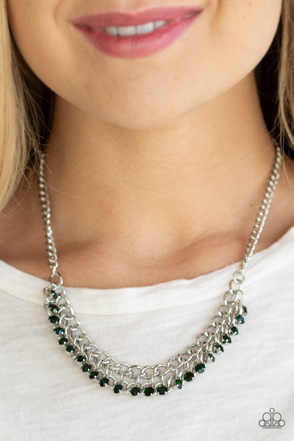 Glow and Grind Green Rhinestone and Silver Necklace - Paparazzi Accessories- lightbox - CarasShop.com - Paparazzi Jewelry by Cara Jewels