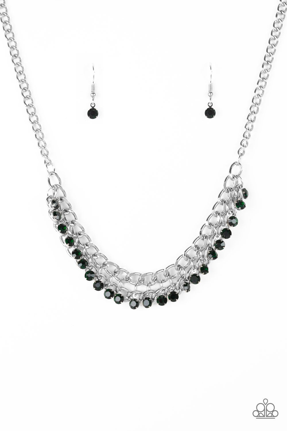 Glow and Grind Green Rhinestone and Silver Necklace - Paparazzi Accessories- on model - CarasShop.com - Paparazzi Jewelry by Cara Jewels