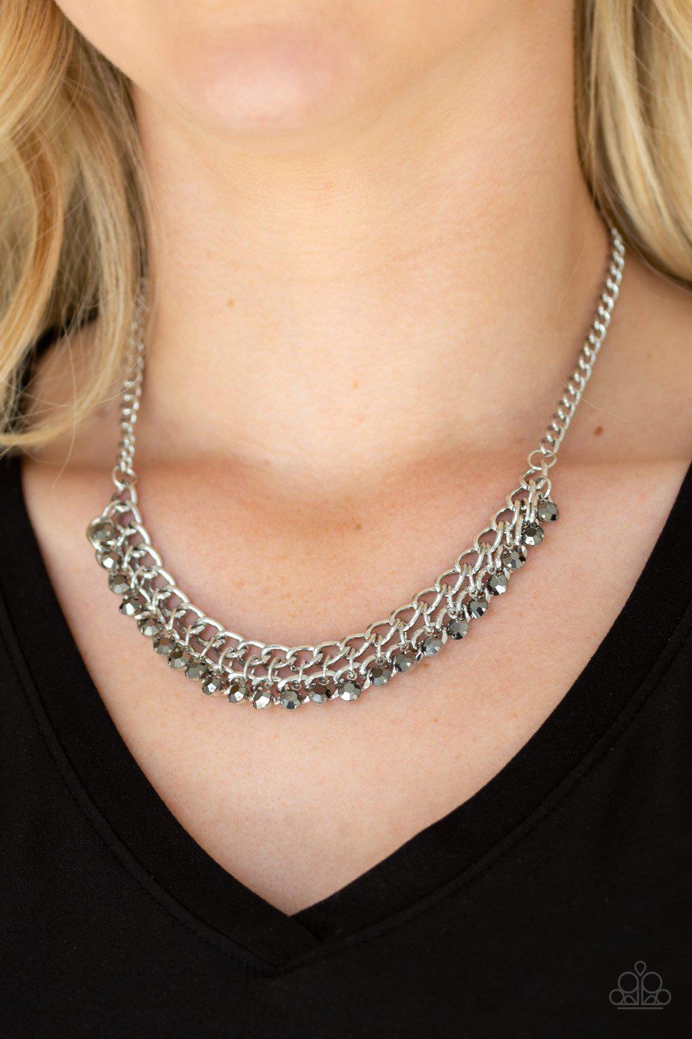 Glow and Grind Silver Hematite Rhinestone Necklace - Paparazzi Accessories- on model - CarasShop.com - Paparazzi Jewelry by Cara Jewels