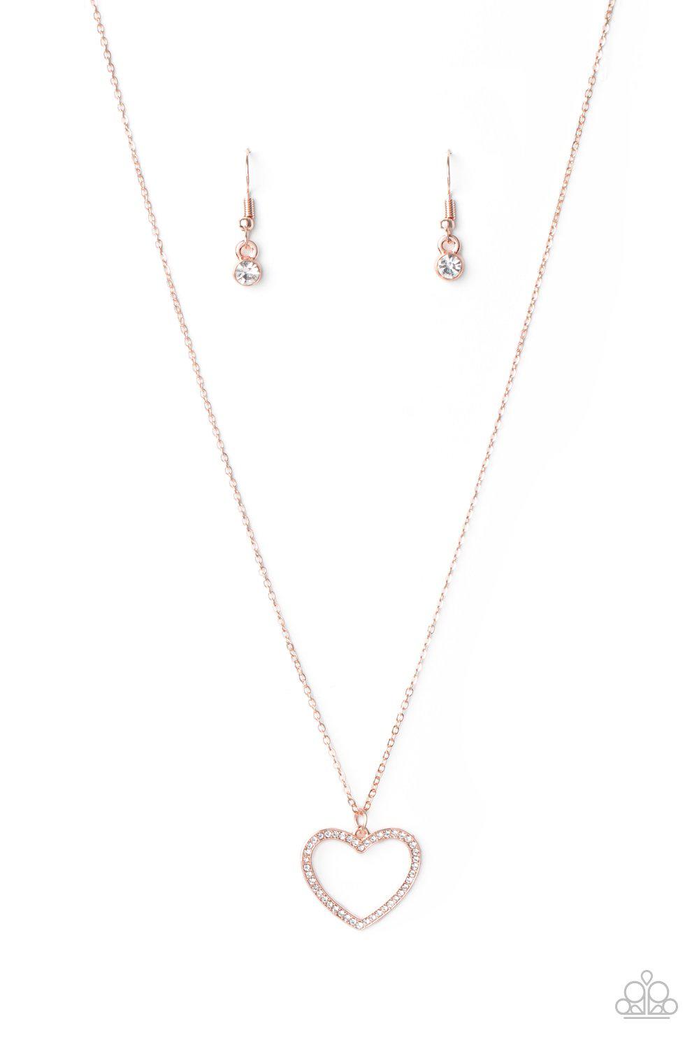 GLOW by Heart Rose Gold and White Rhinestone Heart Necklace - Paparazzi Accessories- lightbox - CarasShop.com - Paparazzi Jewelry by Cara Jewels