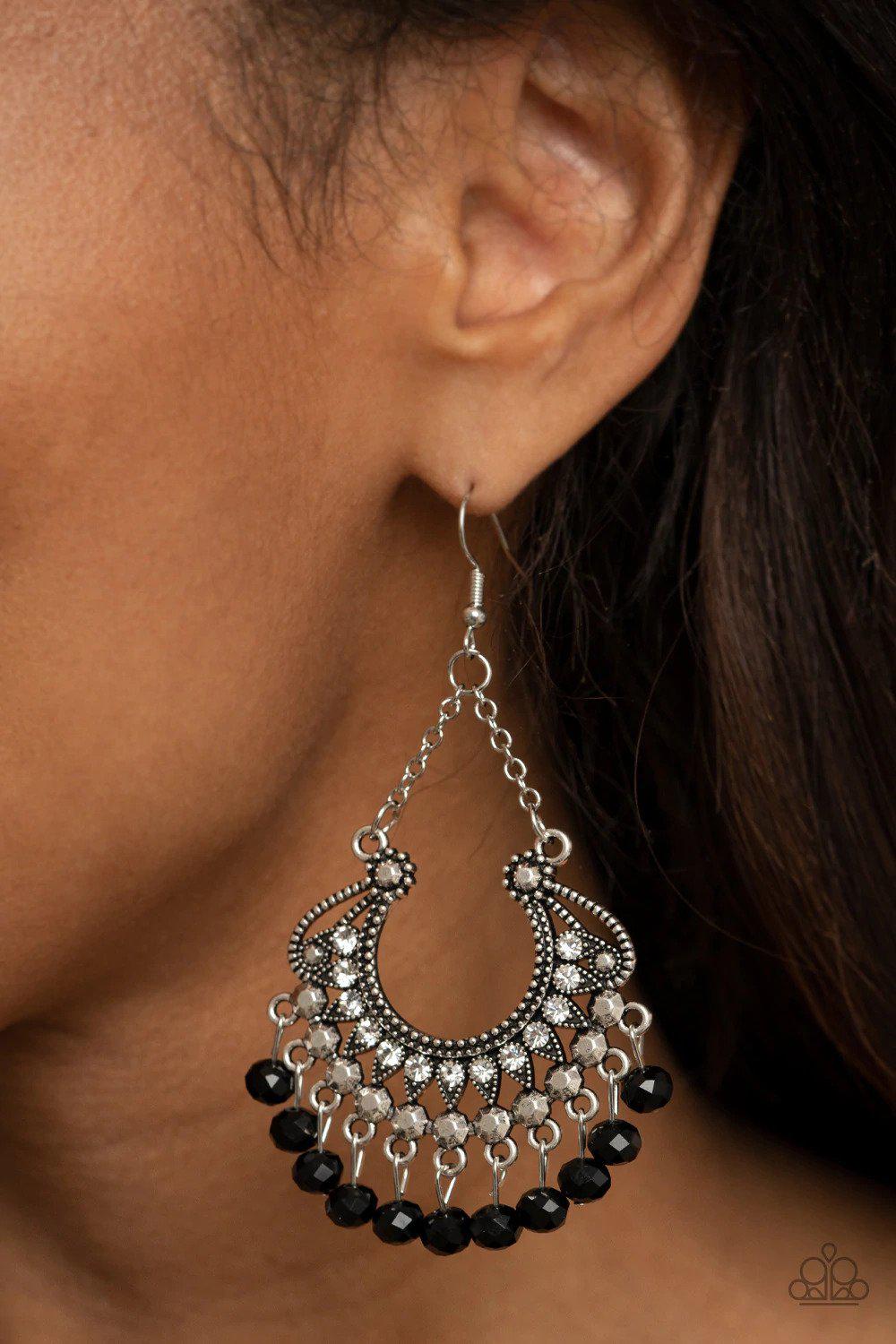 GLOW Down In Frames Black Earrings - Paparazzi Accessories- on model - CarasShop.com - Paparazzi Jewelry by Cara Jewels