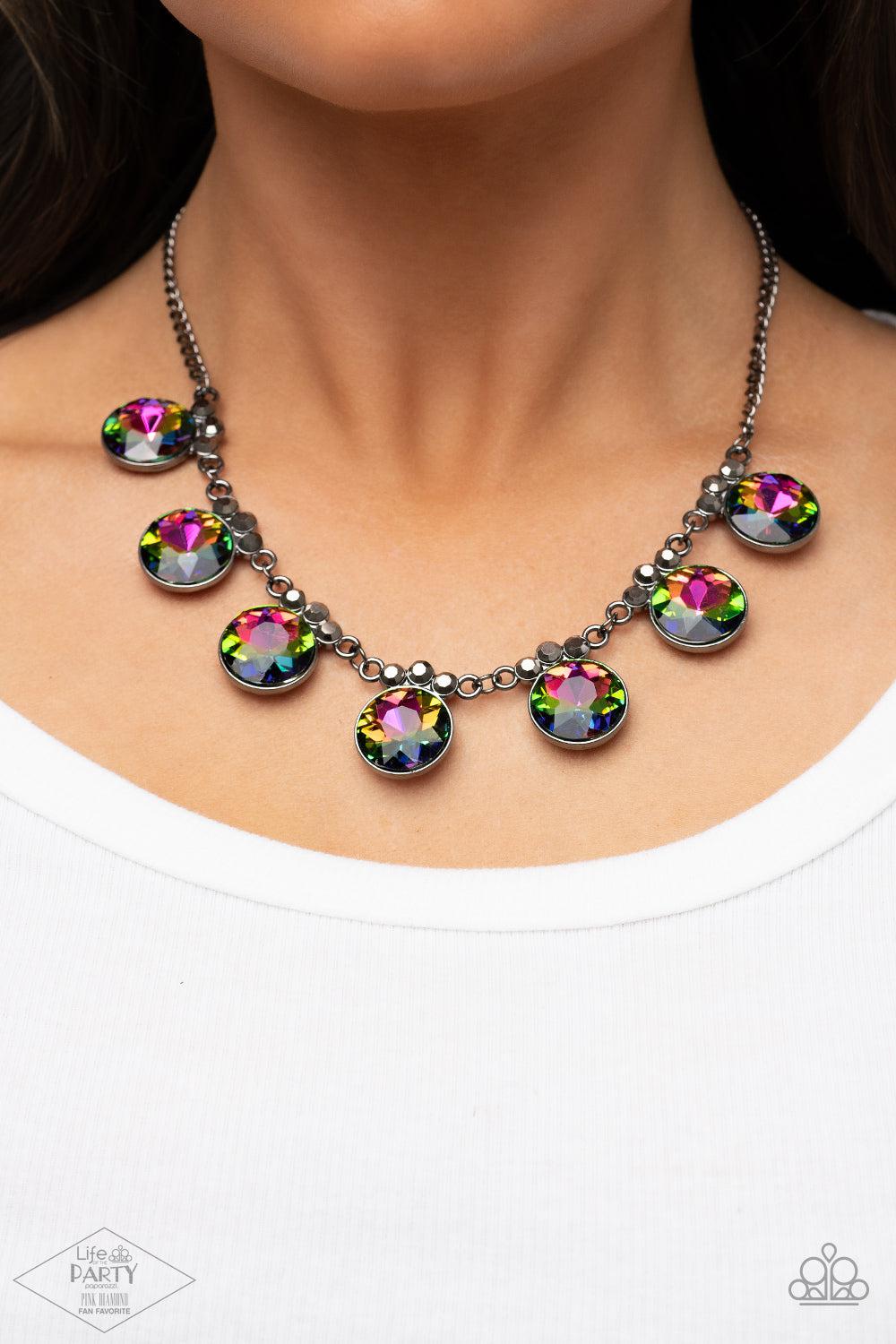 GLOW-Getter Glamour Multi Oil Spill Rhinestone Necklace - Paparazzi Accessories- on model - CarasShop.com - Paparazzi Jewelry by Cara Jewels