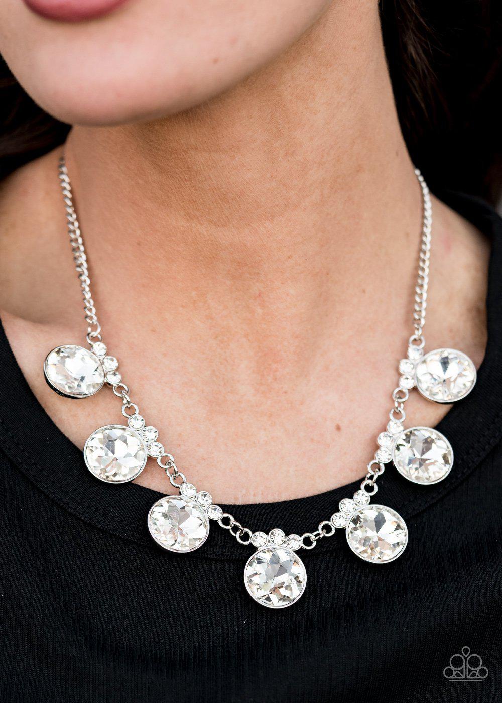 GLOW-Getter Glamour White Rhinestone Necklace - Paparazzi Accessories- on model - CarasShop.com - Paparazzi Jewelry by Cara Jewels