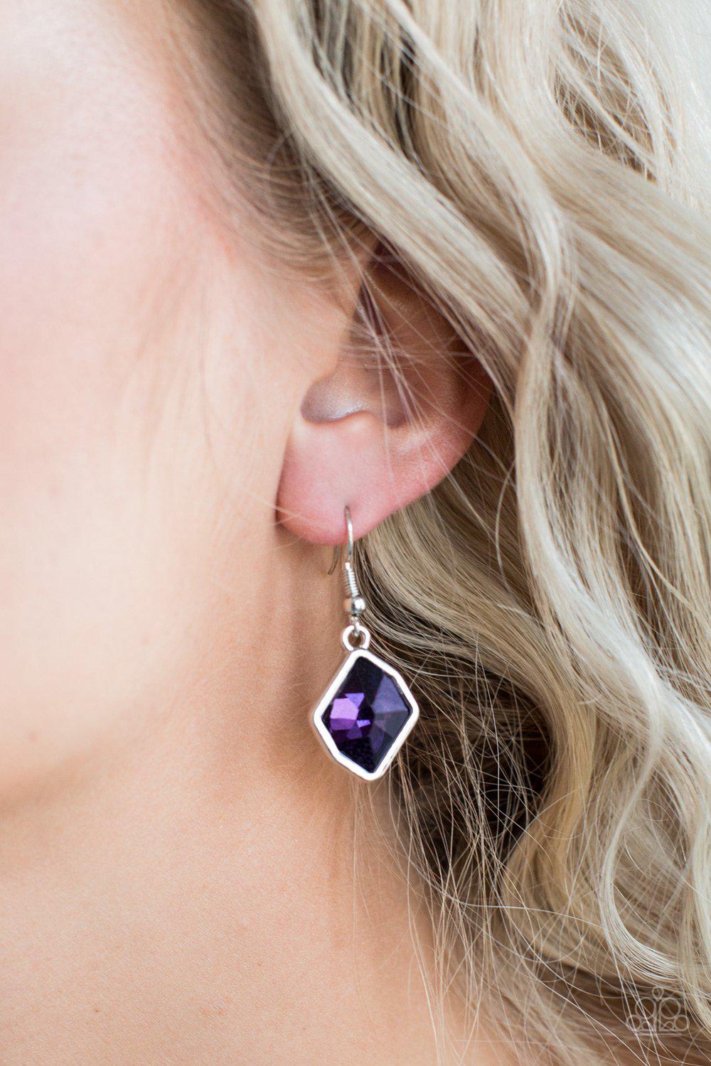 Glow It Up Purple Gem Earrings - Paparazzi Accessories- on model - CarasShop.com - Paparazzi Jewelry by Cara Jewels
