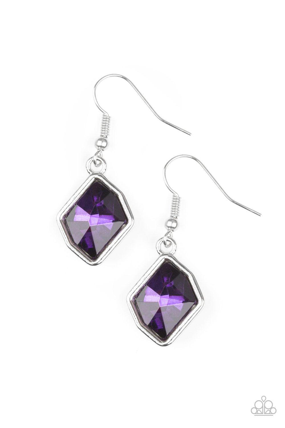 Glow It Up Purple Gem Earrings - Paparazzi Accessories- on model - CarasShop.com - Paparazzi Jewelry by Cara Jewels