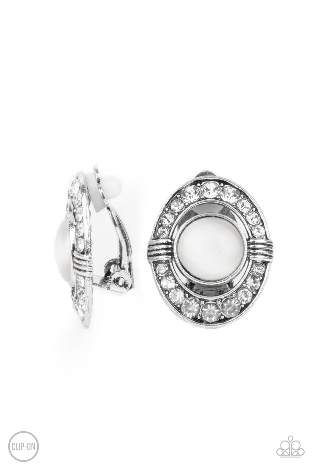 GLOW of Force White Cat's Eye and Rhinestone Clip-on Earrings - Paparazzi Accessories- lightbox - CarasShop.com - Paparazzi Jewelry by Cara Jewels