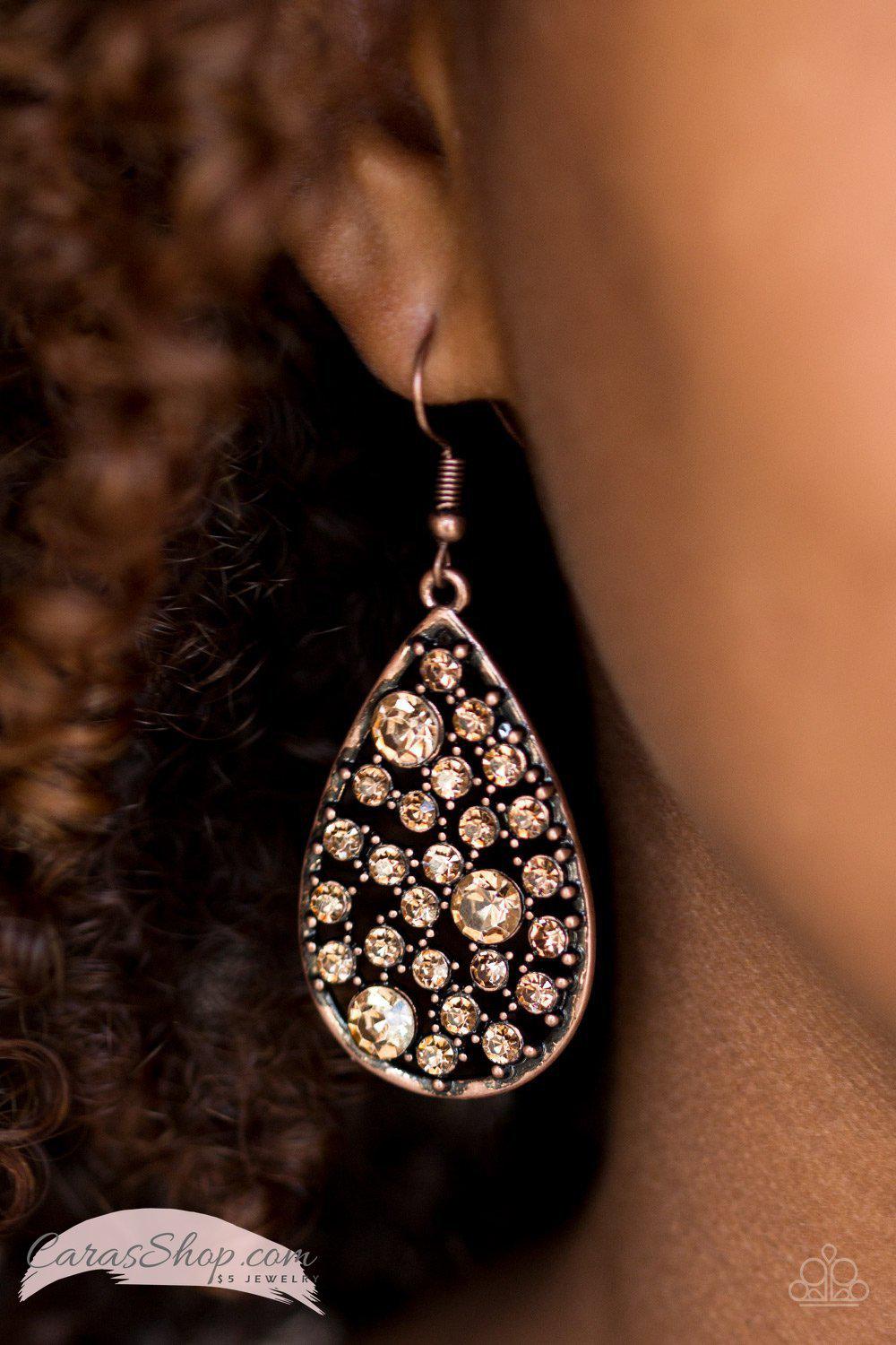 Glow with the Flow Copper Rhinestone Earrings - Paparazzi Accessories- lightbox - CarasShop.com - Paparazzi Jewelry by Cara Jewels