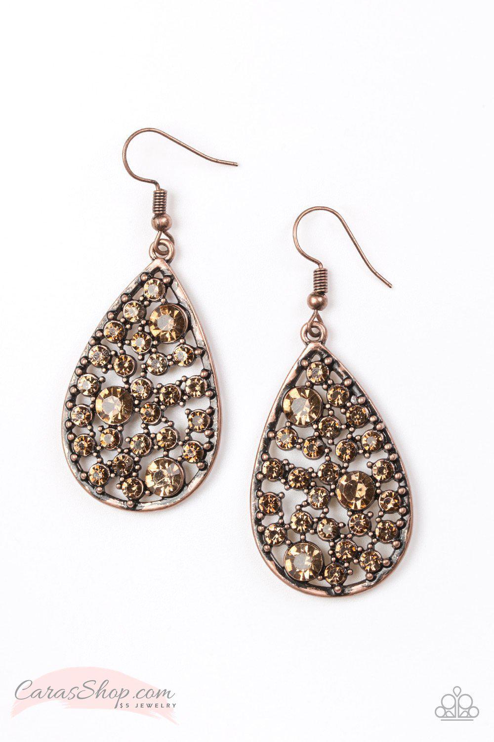 Glow with the Flow Copper Rhinestone Earrings - Paparazzi Accessories- on model - CarasShop.com - Paparazzi Jewelry by Cara Jewels