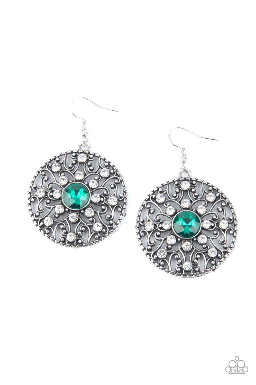 GLOW Your True Colors Green and White Rhinestone Earrings - Paparazzi Accessories- lightbox - CarasShop.com - Paparazzi Jewelry by Cara Jewels