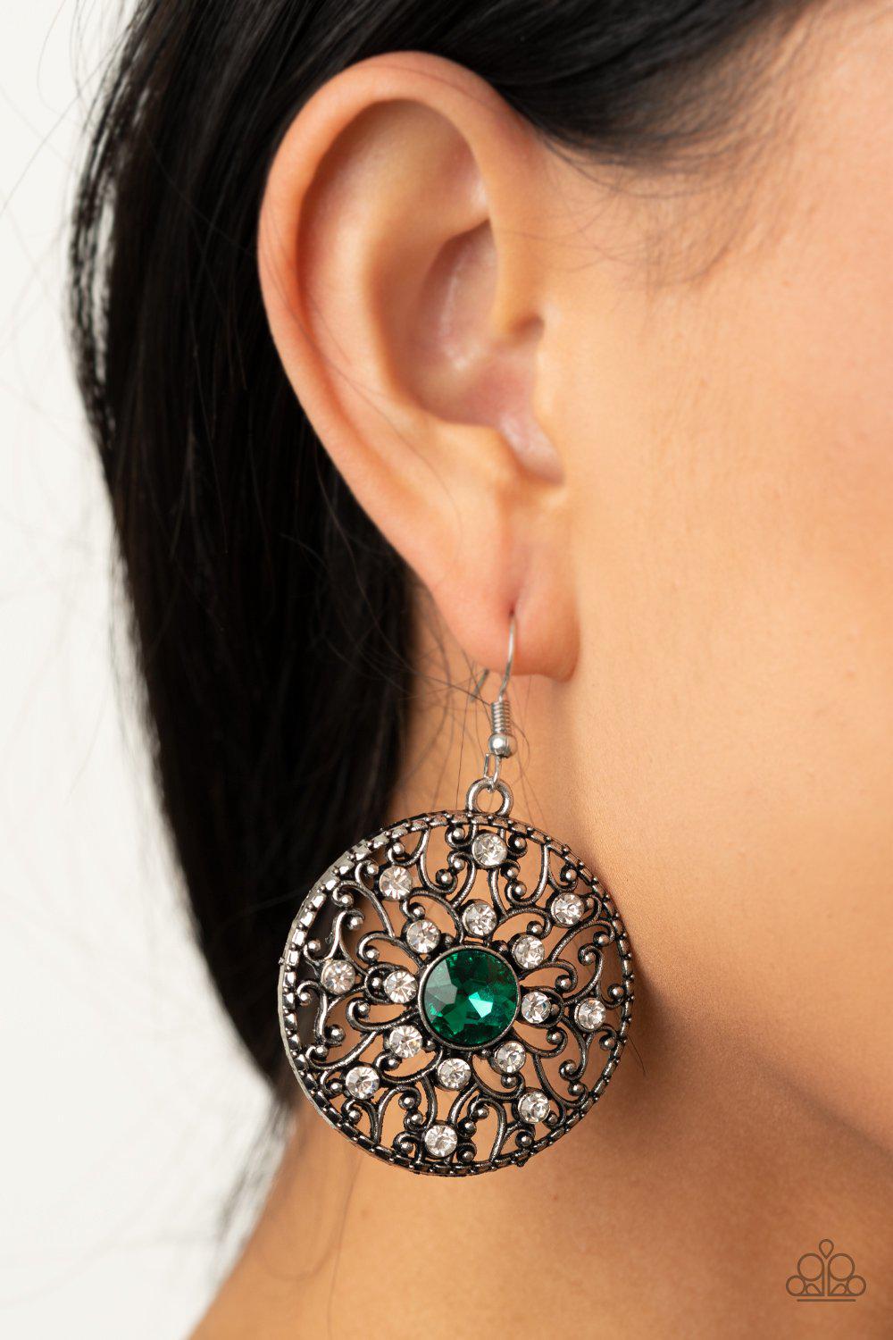 GLOW Your True Colors Green and White Rhinestone Earrings - Paparazzi Accessories- on model - CarasShop.com - Paparazzi Jewelry by Cara Jewels