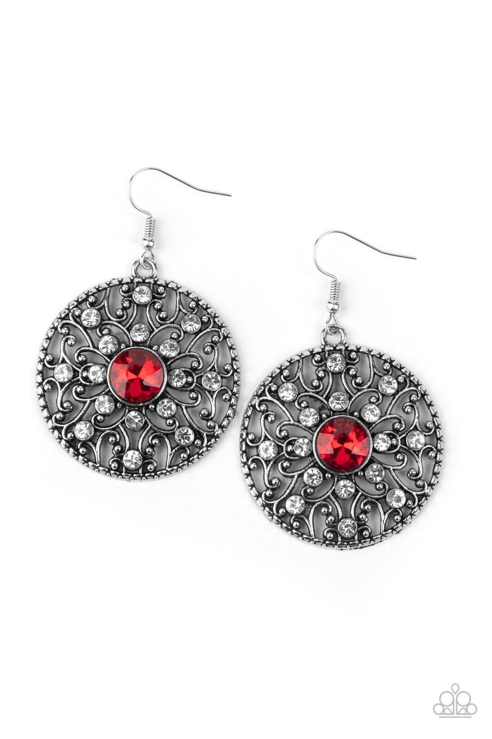 GLOW Your True Colors Red Rhinestone and Silver Filigree Medallion Earrings - Paparazzi Accessories- lightbox - CarasShop.com - Paparazzi Jewelry by Cara Jewels
