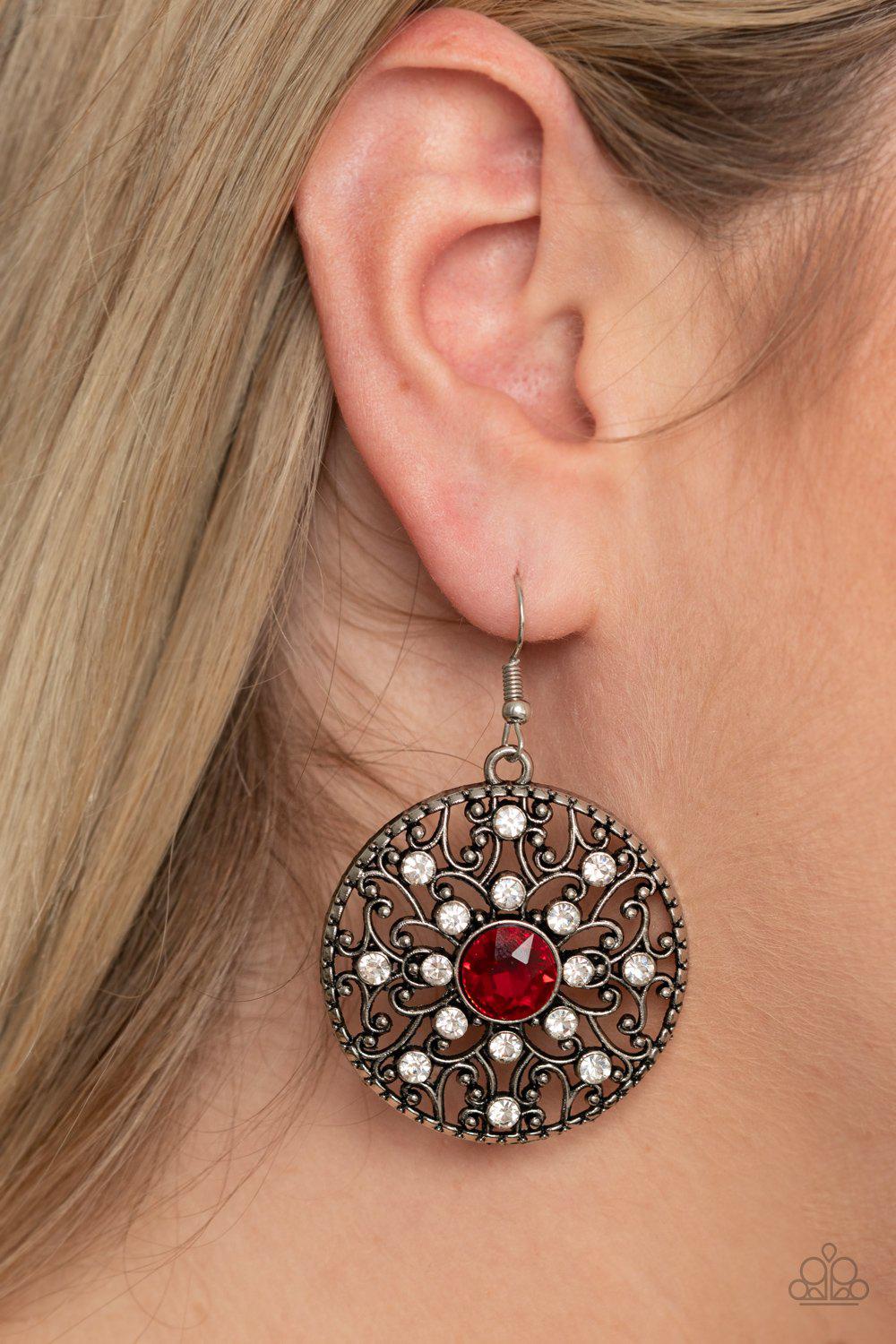 GLOW Your True Colors Red Rhinestone and Silver Filigree Medallion Earrings - Paparazzi Accessories- on model - CarasShop.com - Paparazzi Jewelry by Cara Jewels