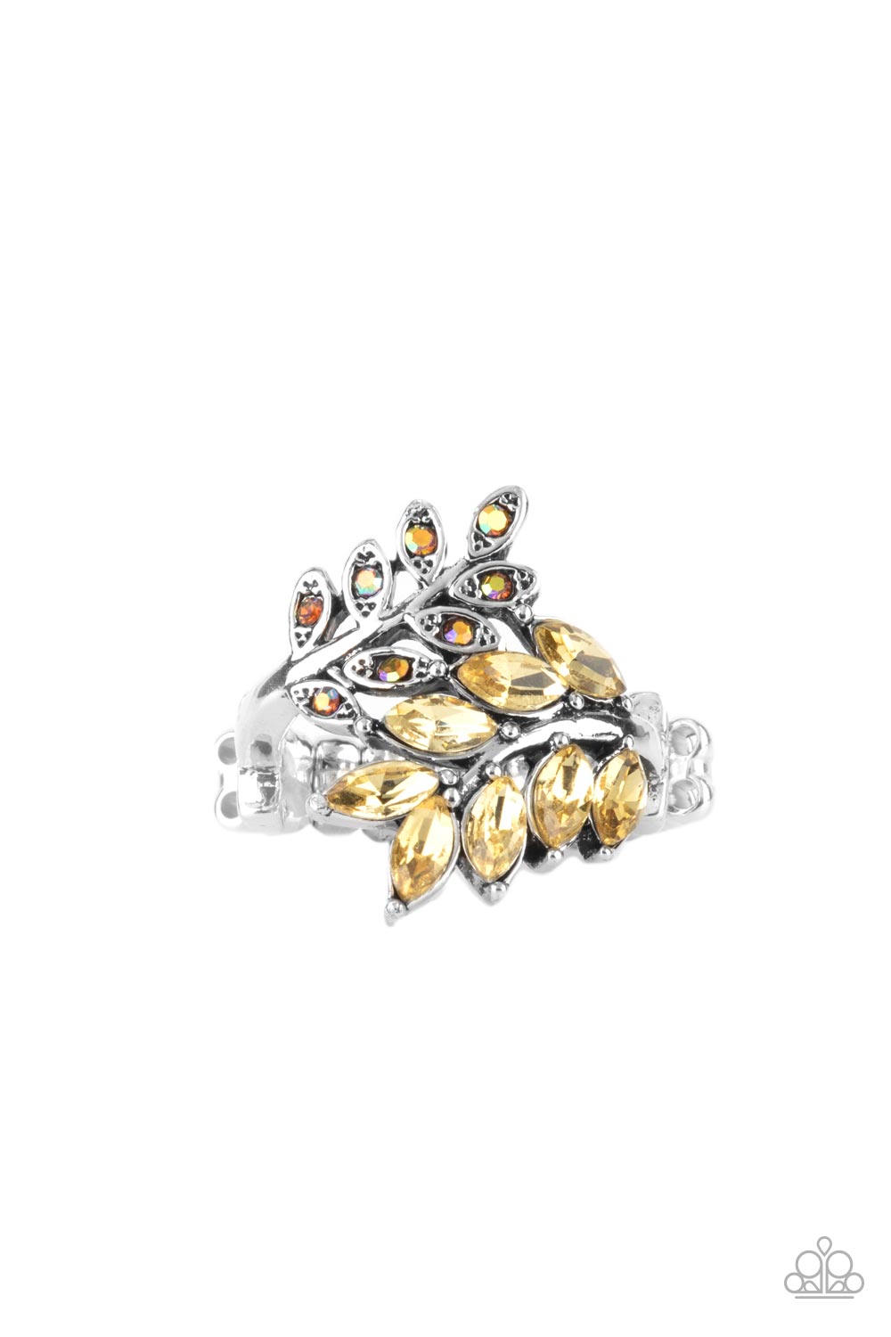 Glowing Gardenista Yellow Rhinestone Ring - Paparazzi Accessories- lightbox - CarasShop.com - Paparazzi Jewelry by Cara Jewels