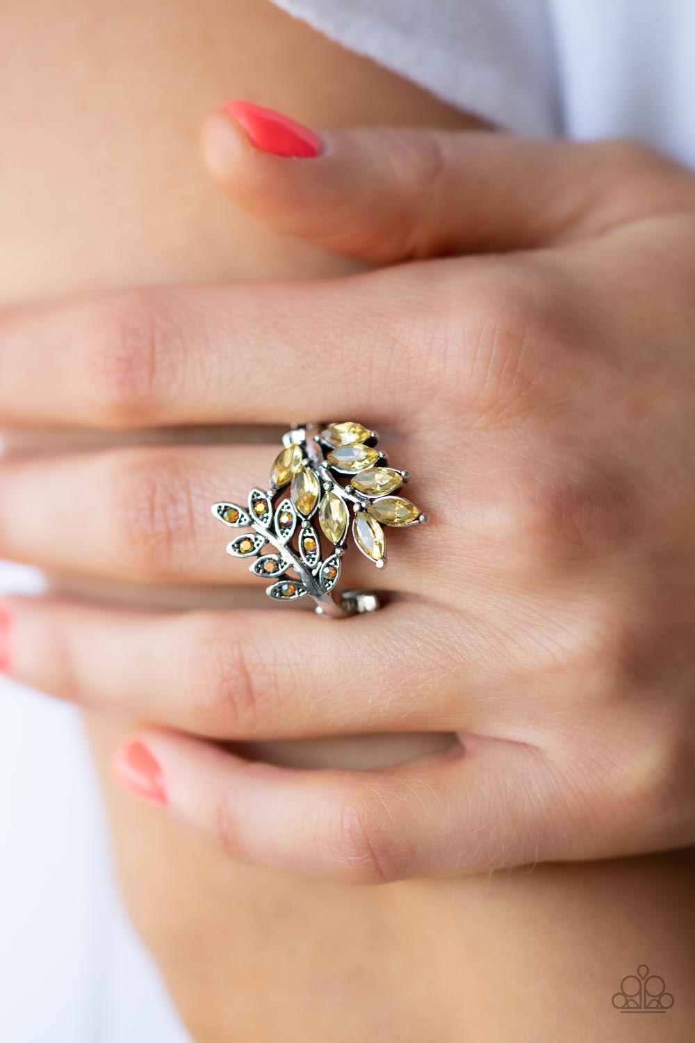 Glowing Gardenista Yellow Rhinestone Ring - Paparazzi Accessories- on model - CarasShop.com - Paparazzi Jewelry by Cara Jewels