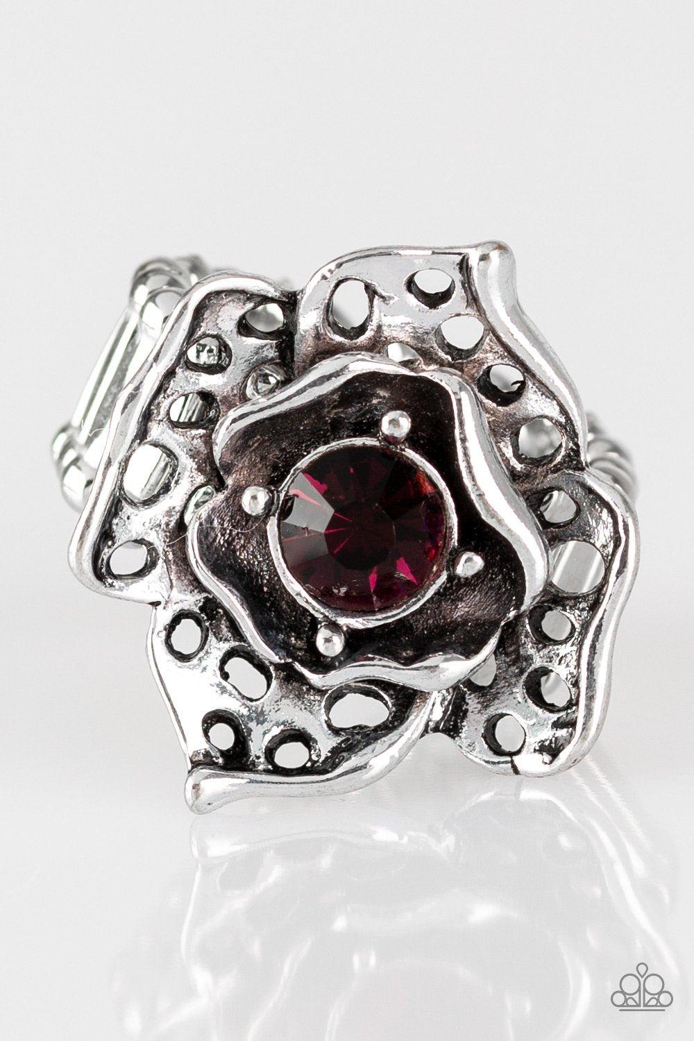 Glowing Gardens Purple Rhinestone and Silver Flower Ring - Paparazzi Accessories- lightbox - CarasShop.com - Paparazzi Jewelry by Cara Jewels